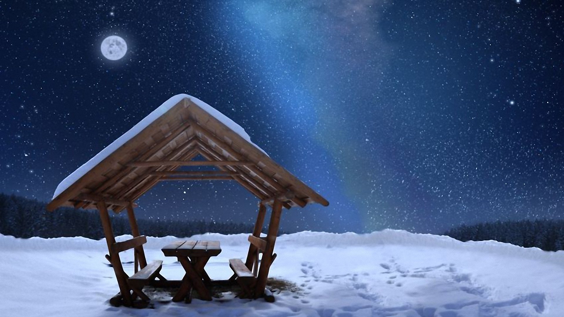 снег ночь зима домик звезды загрузить