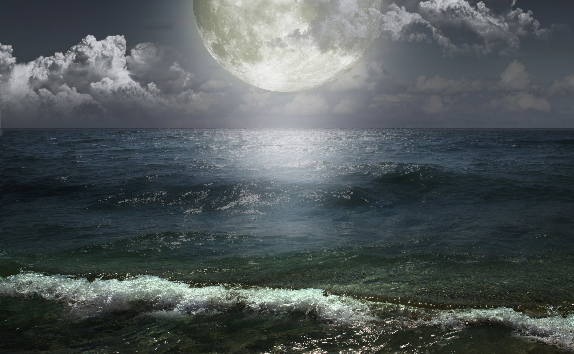 море. океан волны луна небо облака