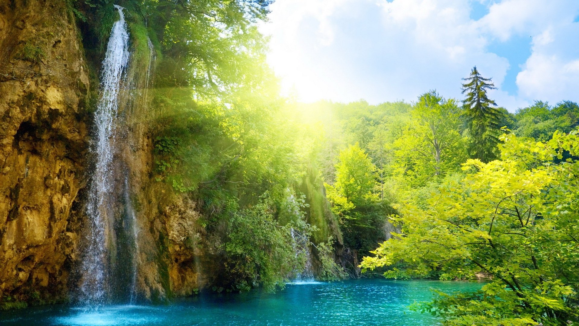 солнечный водопад лес небо солнце вода