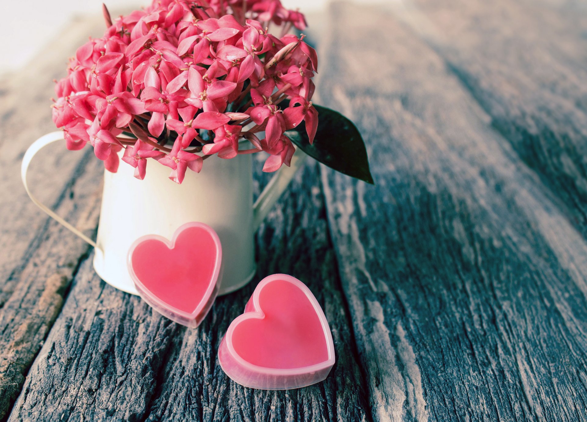Розовые сердечки возле белой кружки с розовыми цветами | Обои для телефона