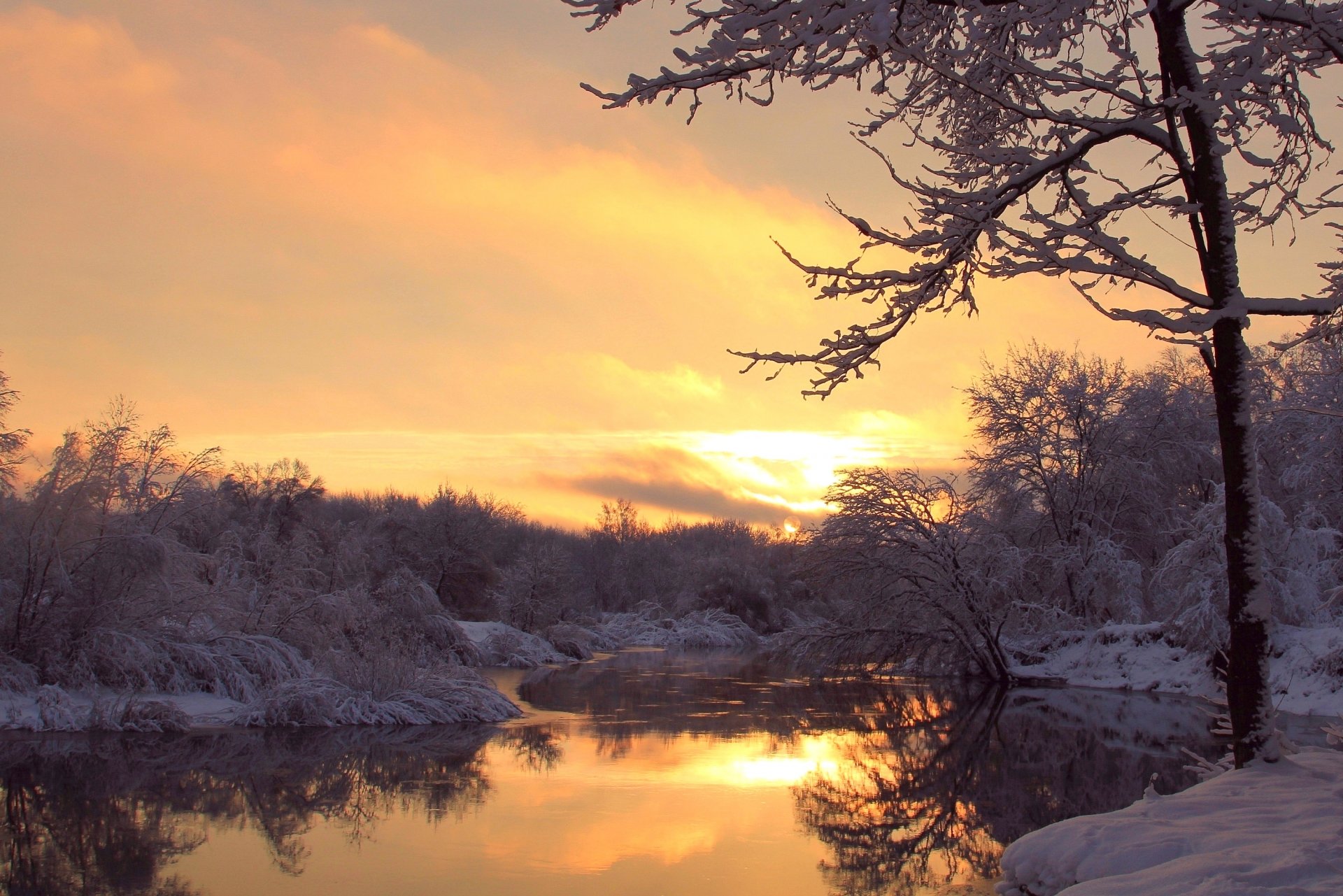 снег зима закат река snow winter sunset river скачать