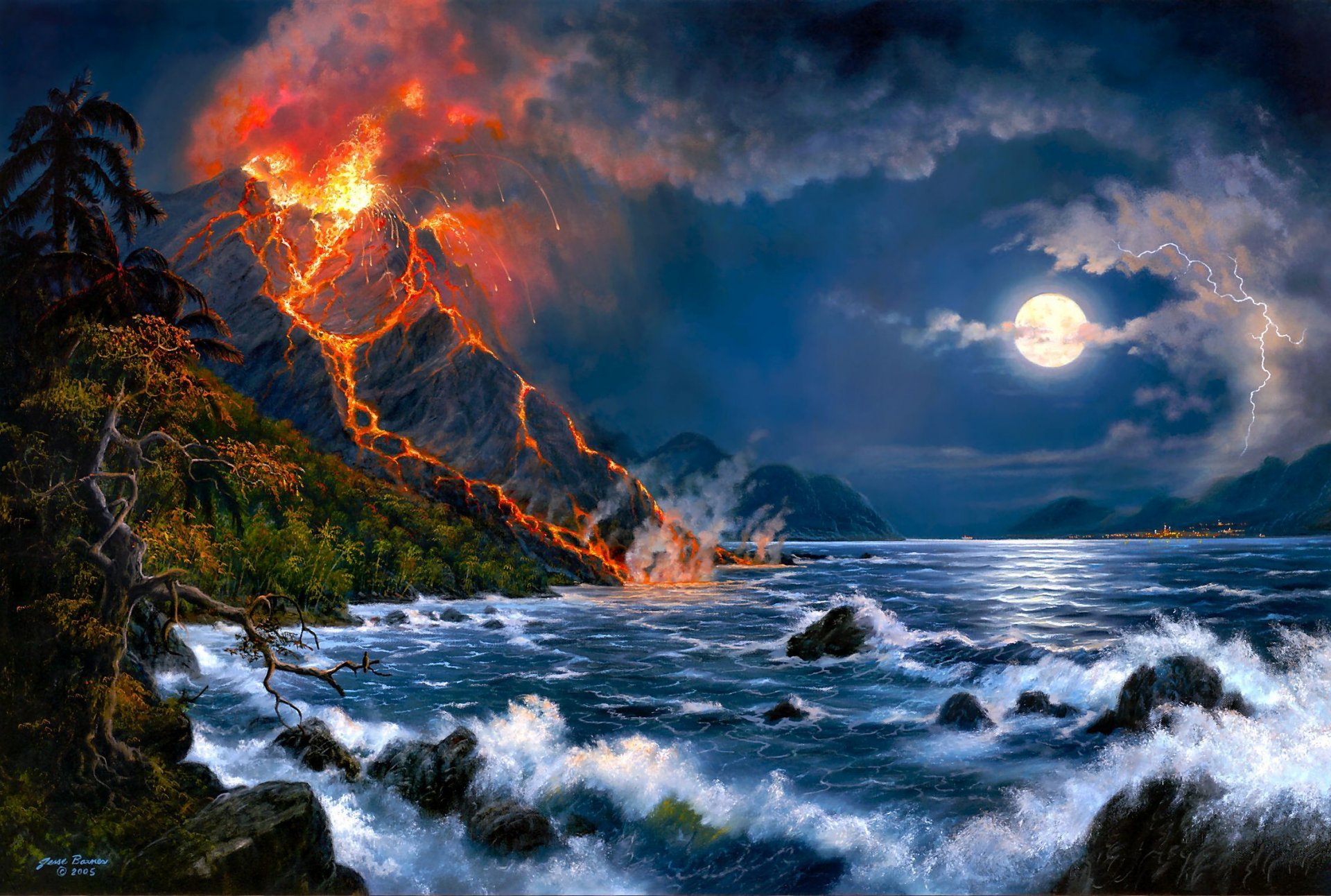 Извержение вулкана в море пейзаж