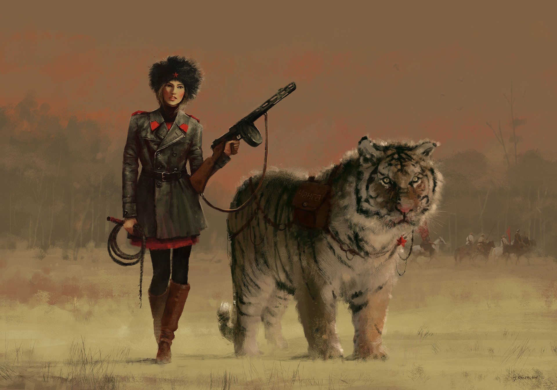 Обои с тегом:живопись, арт, девушка, форма, оружие, животное, тигр.