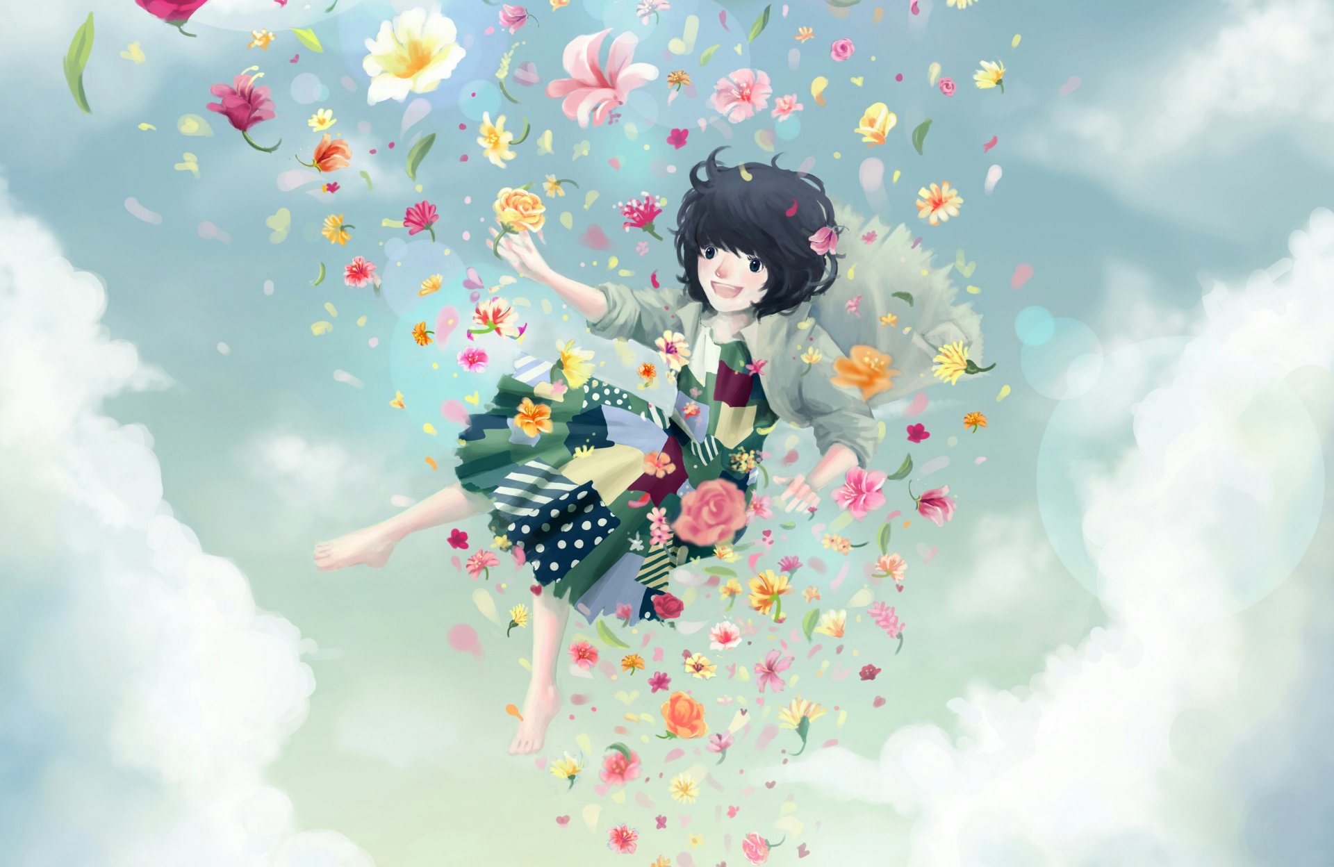 Девушка летящая с цветами