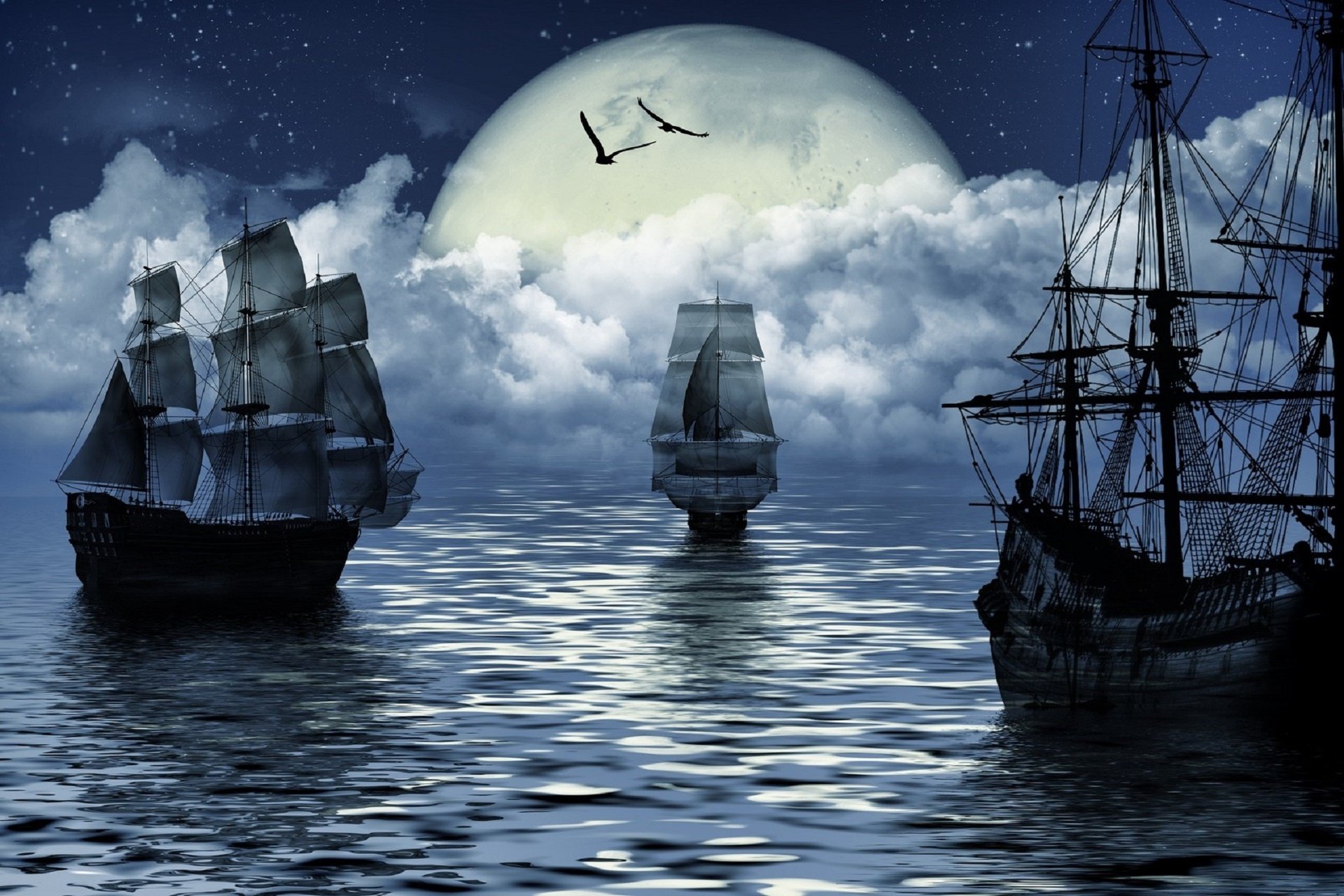 фэнтези луна парусная море корабль фантазия парусный спорт