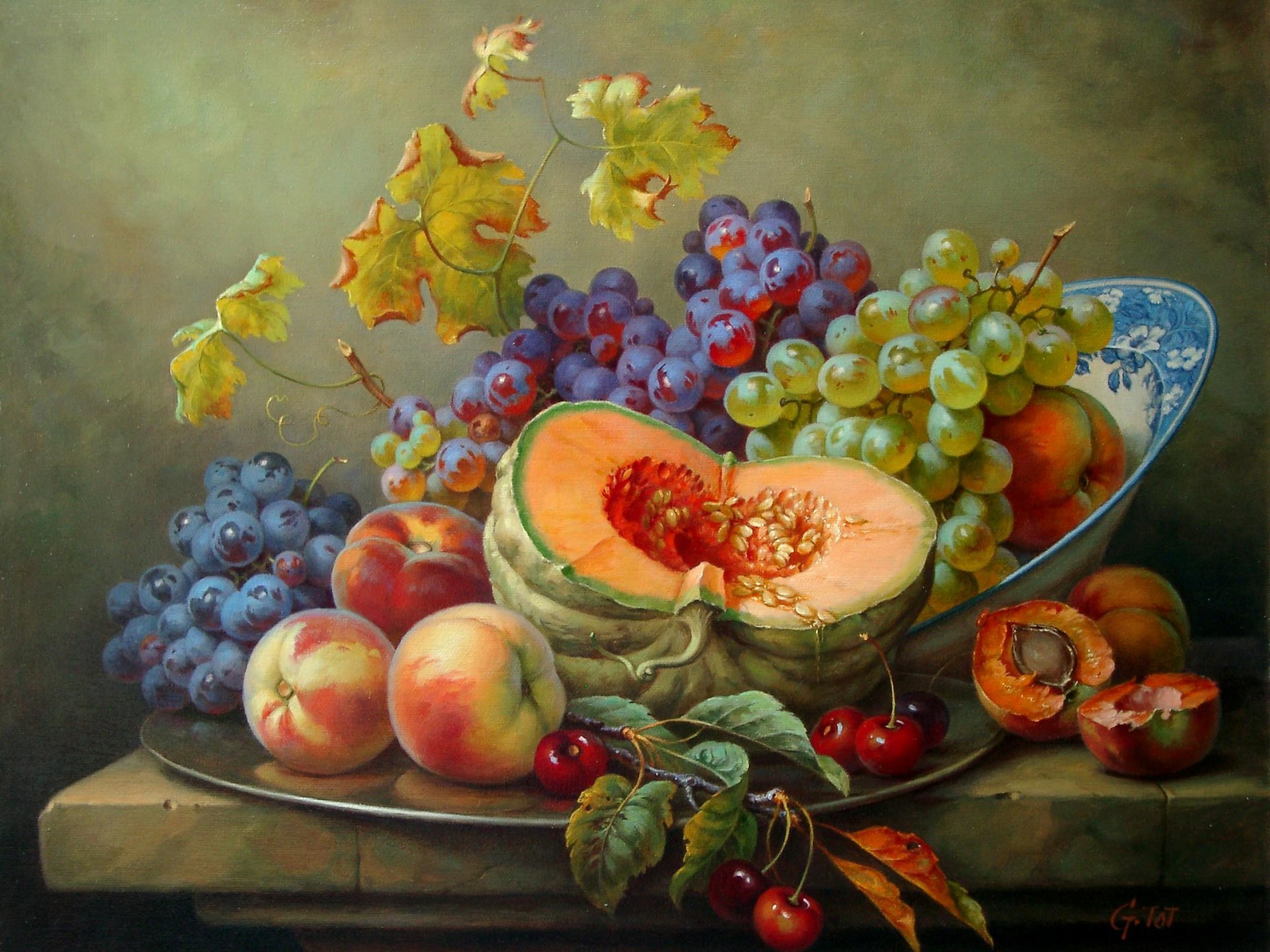 габор тот живопись натюрморт тыква персики виноград вишня
