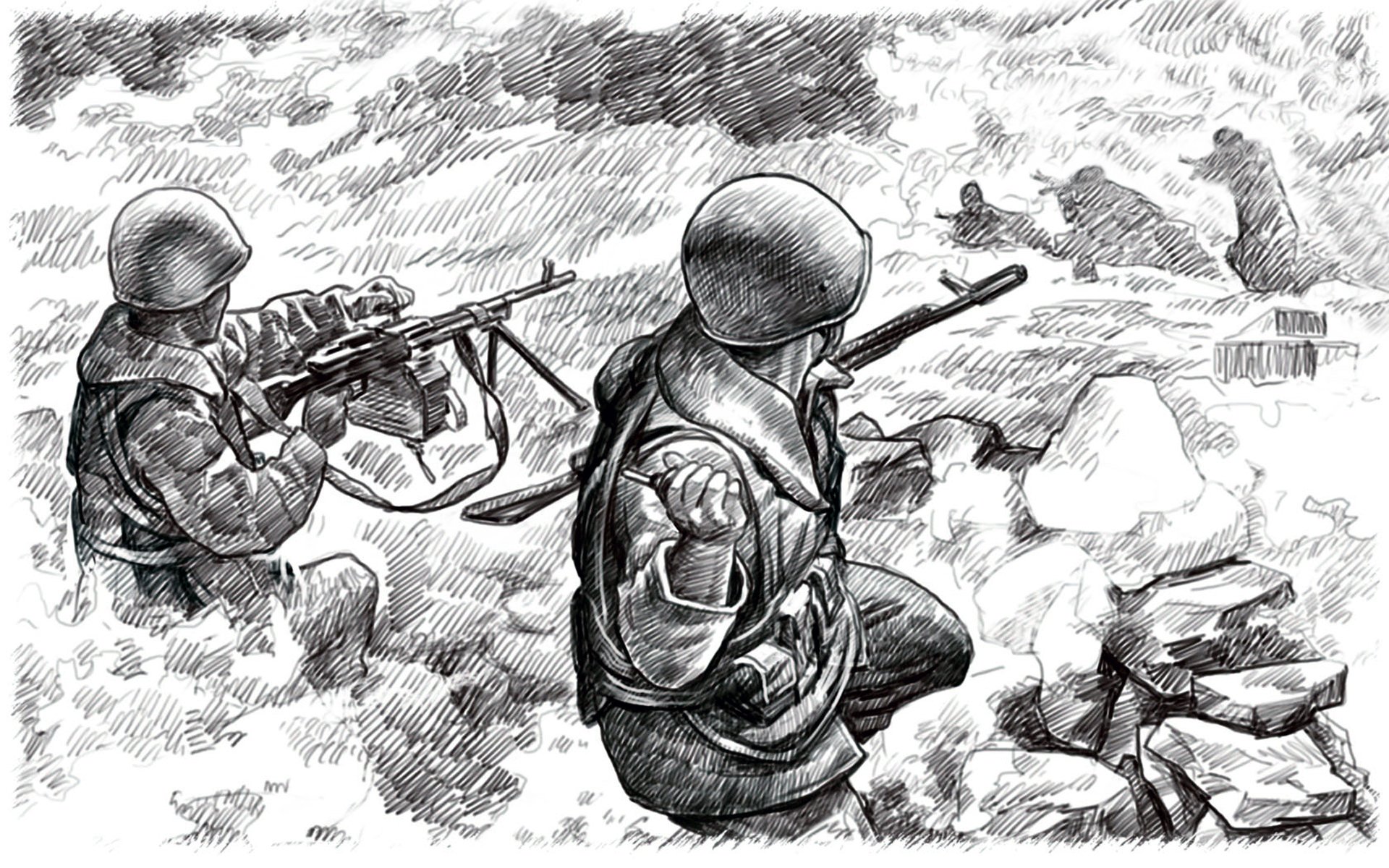 Рисунок солдатов в засаде карандашем