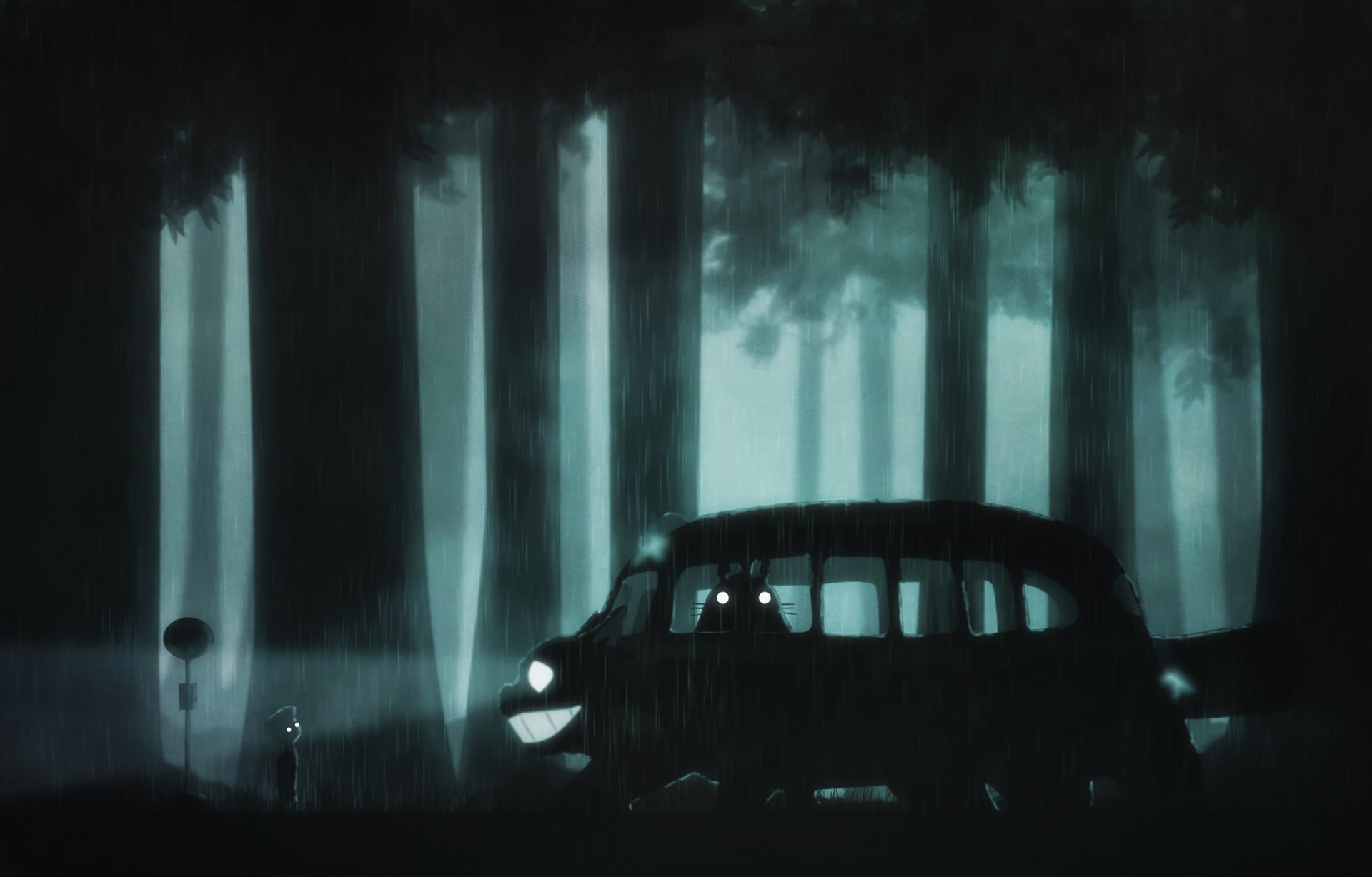 Art Zarozhdenie Znak Malchik Totoro Noch Dozhd Les Kotobus Hd Oboi Dlya Noutbuka