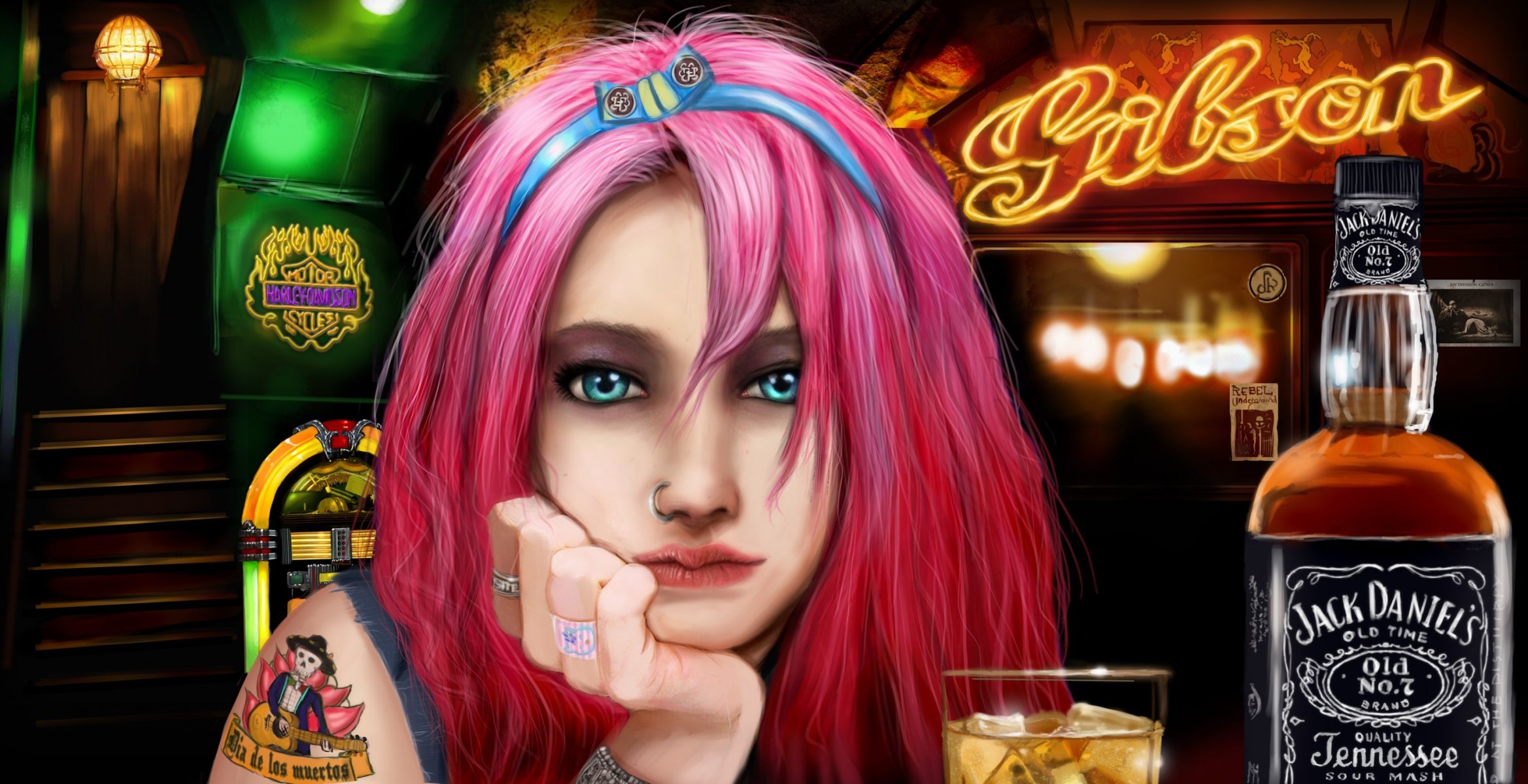 арт девушка розовые волосы бар алкоголь jack daniels джек дэниэлс пирсинг кольца татуировка стакан лед