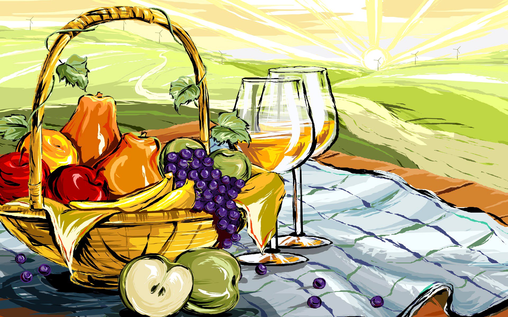 Natyurmort Pejzazh Korzinka Frukty Yabloki Grushi Vinograd Eda Bokal Vino Risunok Vektor Hd Oboi Dlya Noutbuka