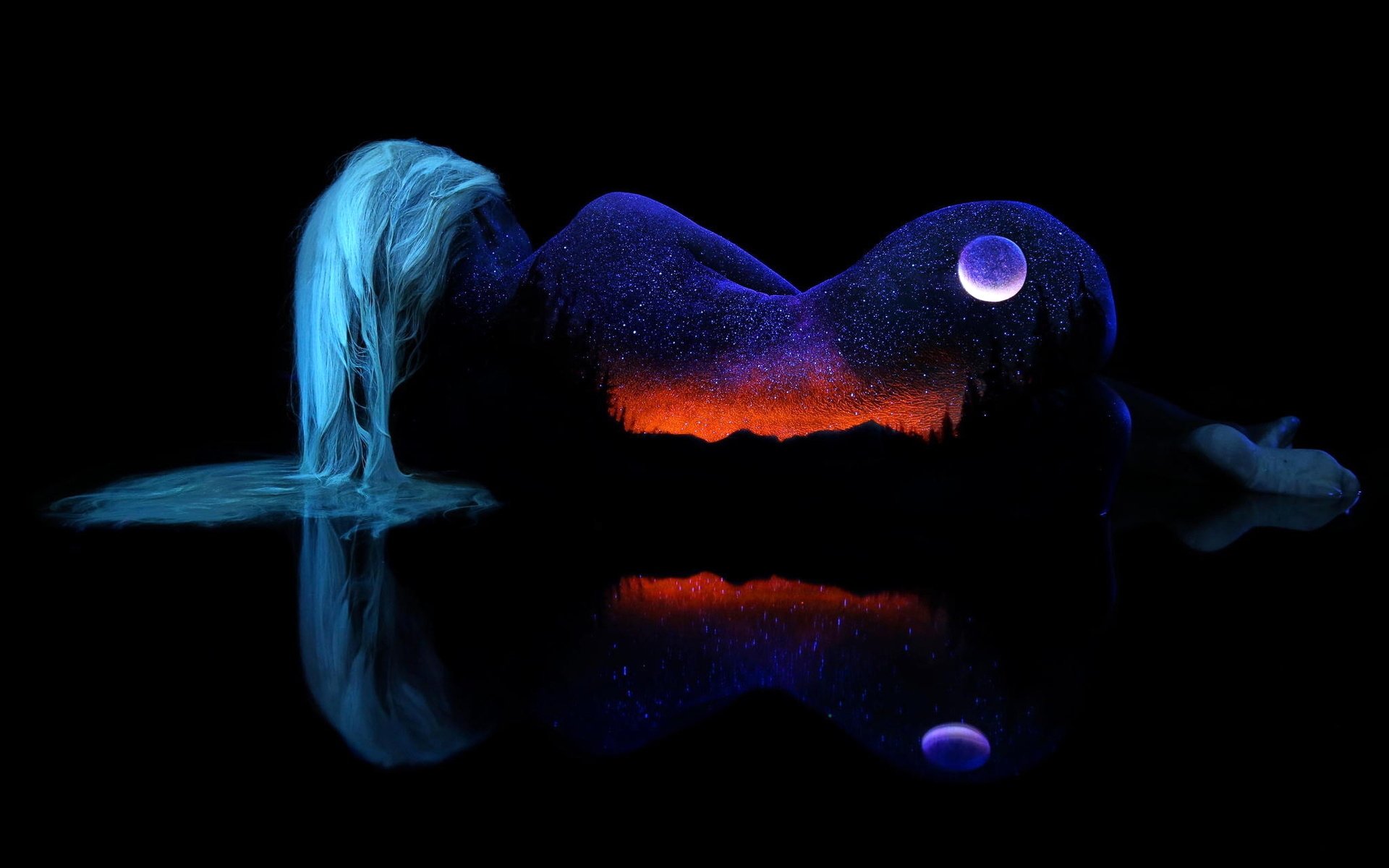 фон девушка тело волосы силуэт очертание контур пейзаж небо ночь луна горы природа отражение гладь горизонт