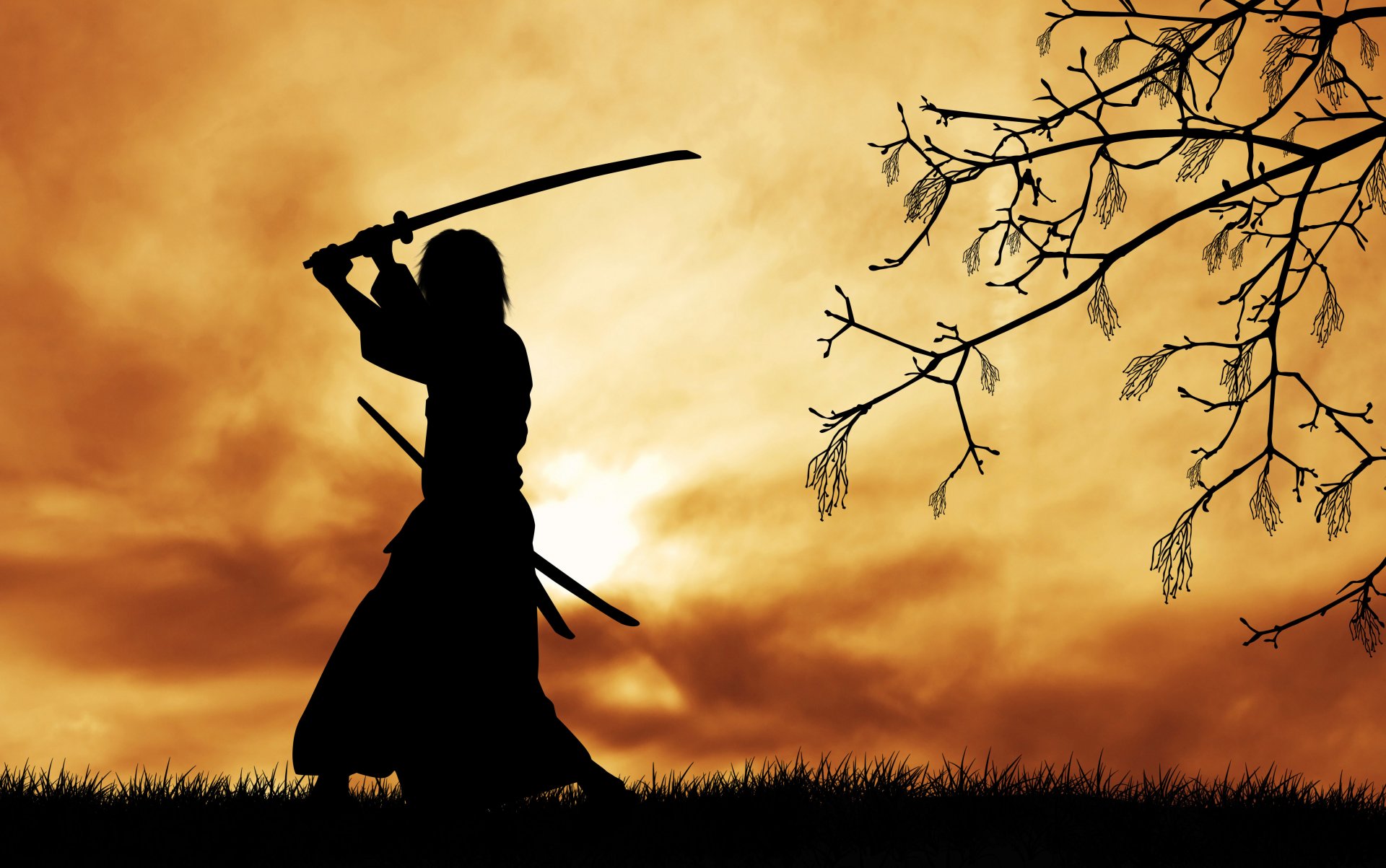 силуэт воин бусидо путь воина дух кодекс самурая самурай меч катана утро дерево ветки безмятежность природа красивый фон обои .