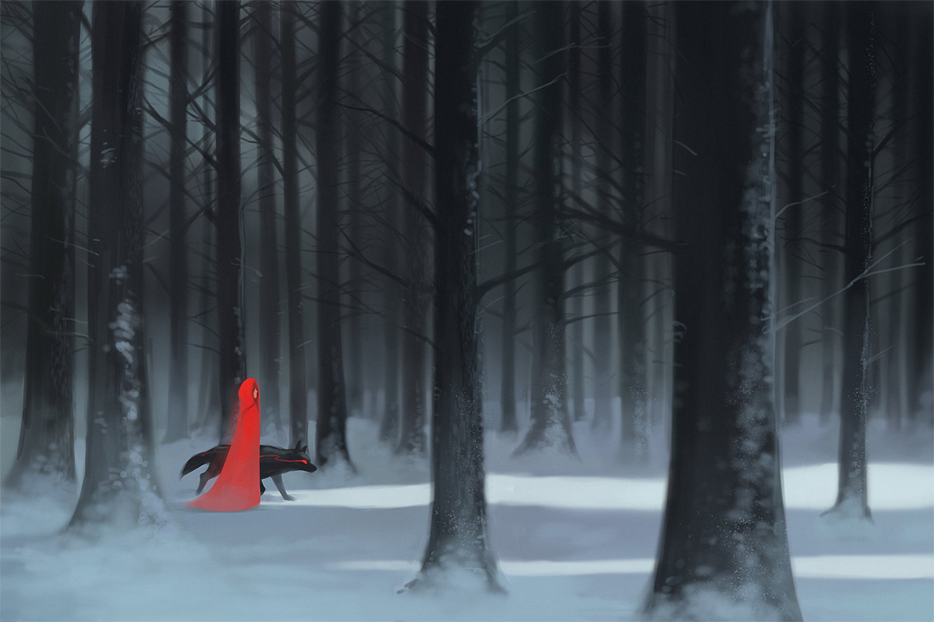 Witch cry 2 the red hood. Страшный зимний лес арт. Красная шапочка в зимнем лесу. Лес снег арт. Красная шапочка в лесу арт.