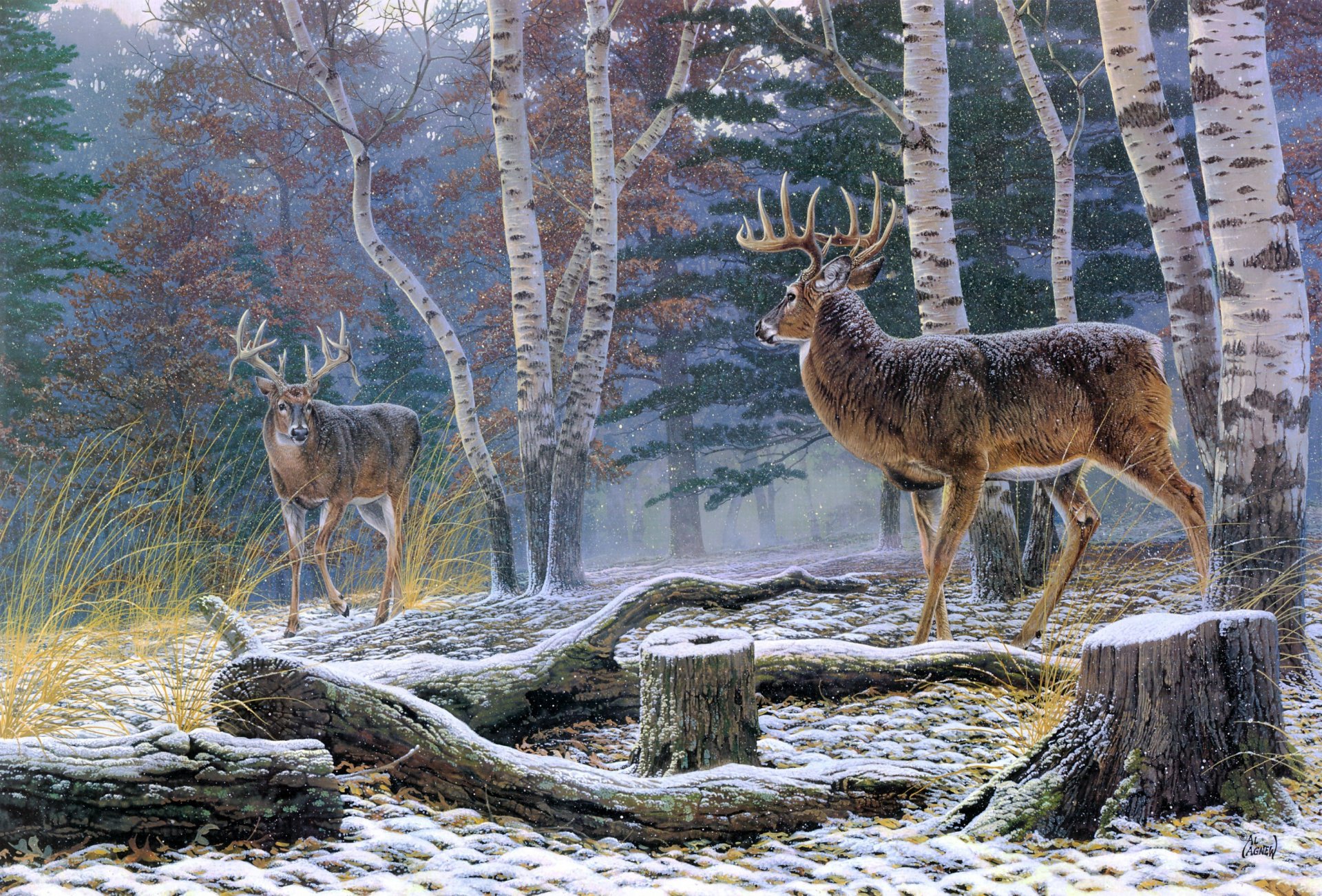 аль агню противостояние живопись животные олени лес осень первый снег березы пень