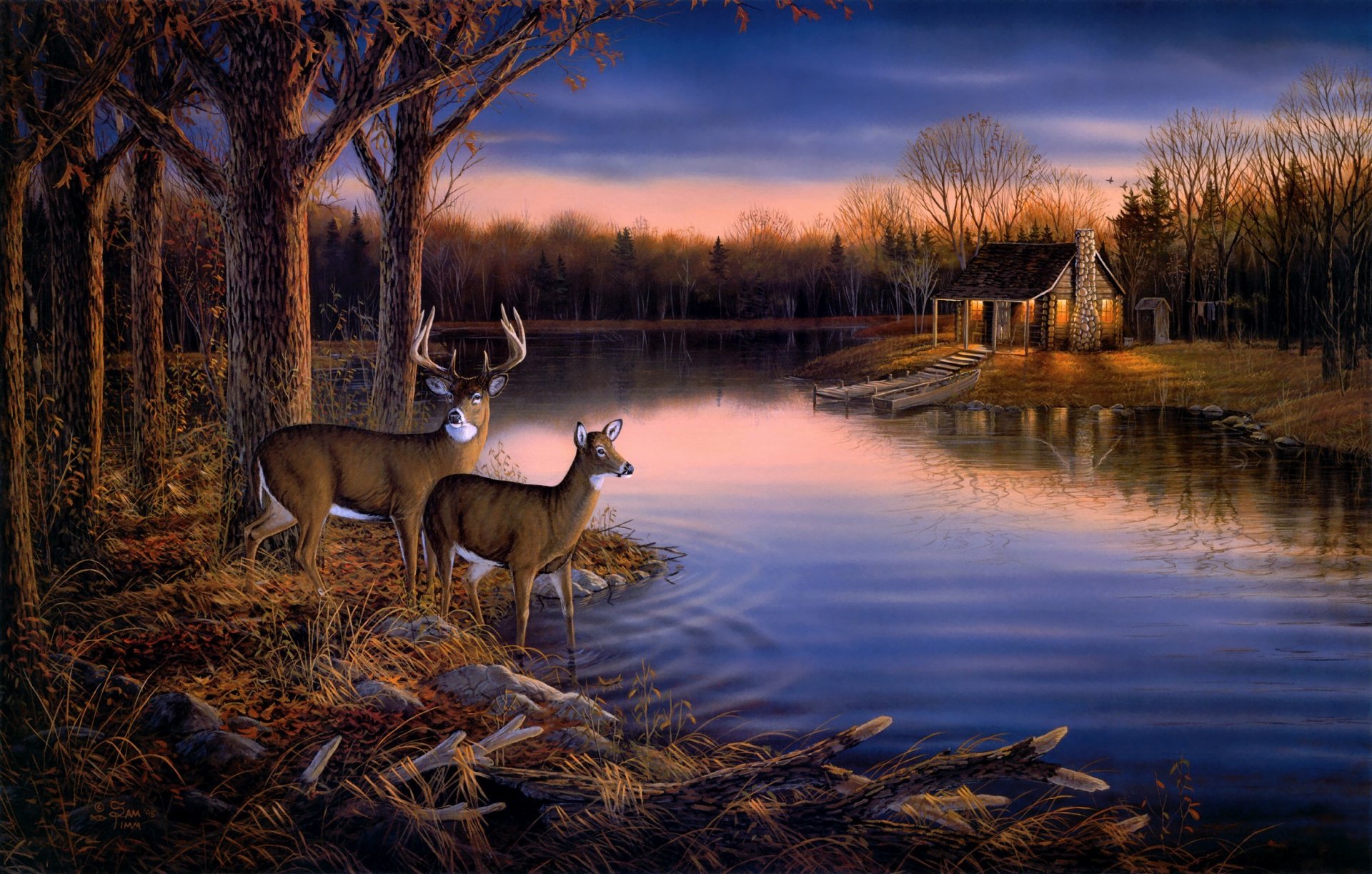 сэм тимм тихое вечер живопись искусство животные олени вечер закат осень природа лес деревья озеро пруд река вода лодка дом