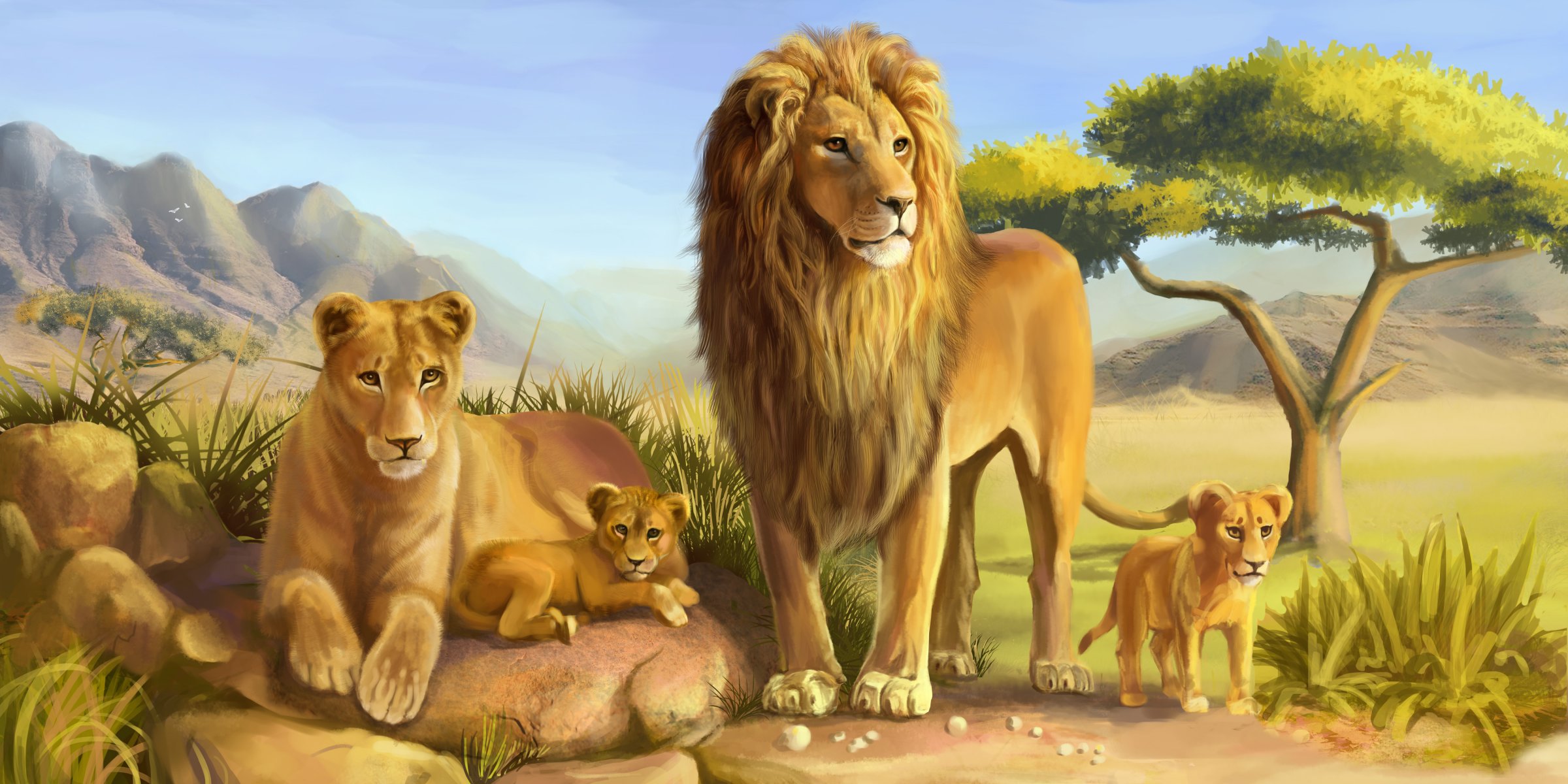 арт львы лев львица хищники кошки дикие саванна семья камни дерево детеныш львенок