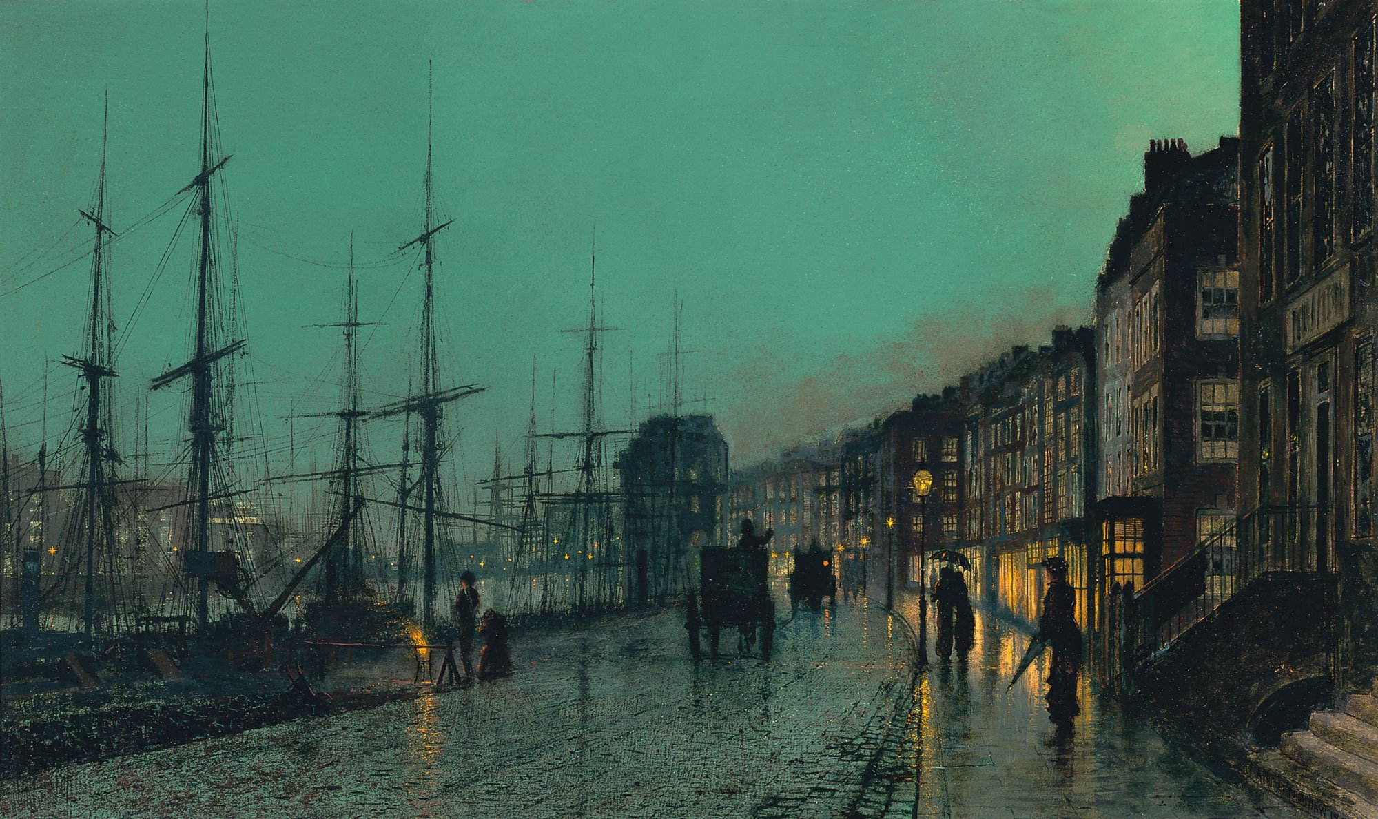 картина джон эткинсон гримшоу ночь улица город порт пристань корабли мачты мостовая карета дома