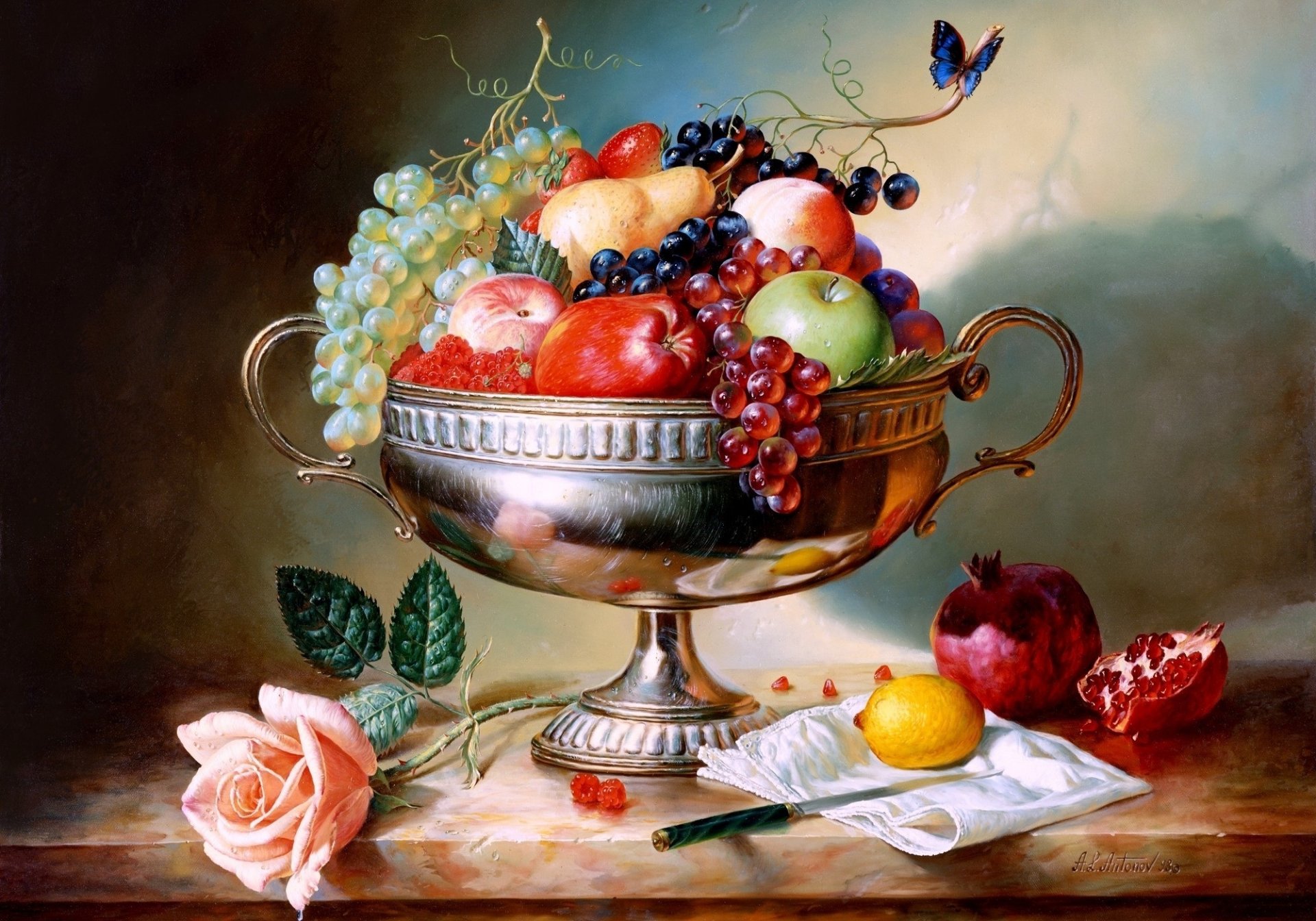 алексей антонов живопись натюрморт виноград яблоки груша гранат малина клубника лимон ваза роза бабочка нож