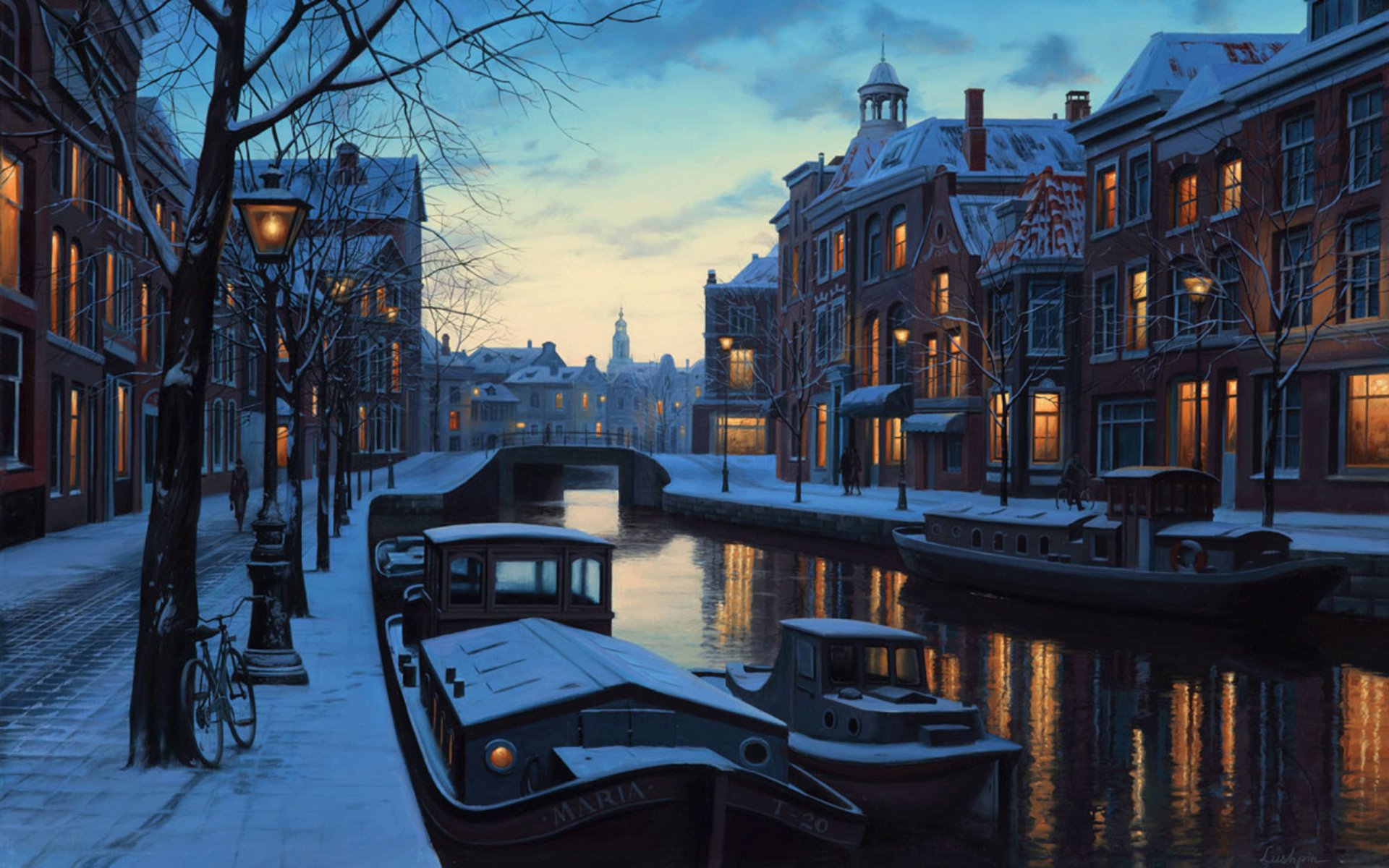 зимние сумерки евгений lushpin живопись амстердам нидерланды голландия лодки вечер фонари снег lushpin река сумерки зимние евгений лушпин лушпин зима дома мост велосипед огни
