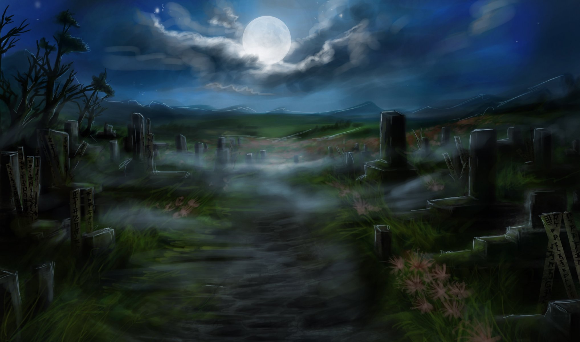 Загадочное кладбище в лунном свете Обои на рабочий стол.