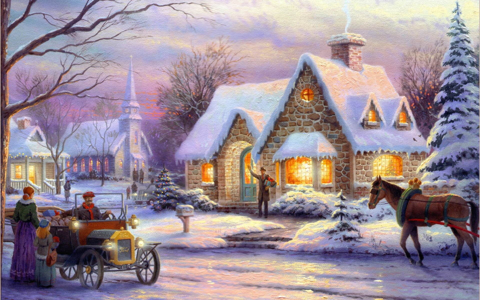 томас кинкейд воспоминания рождество искусство живопись зимние снег коттедж рождество новый год зима городок коттеджи елки почтовый ящик номер свет в окнах машина ретро конь лошадь люди приветствие по