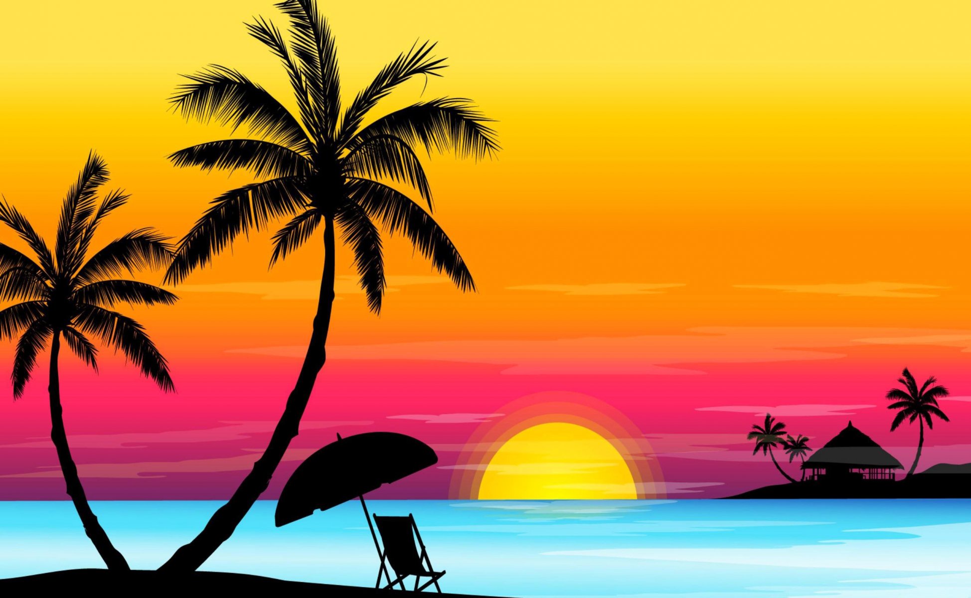 небо солнце закат горизонт море пальма зонт шезлонг бунгало