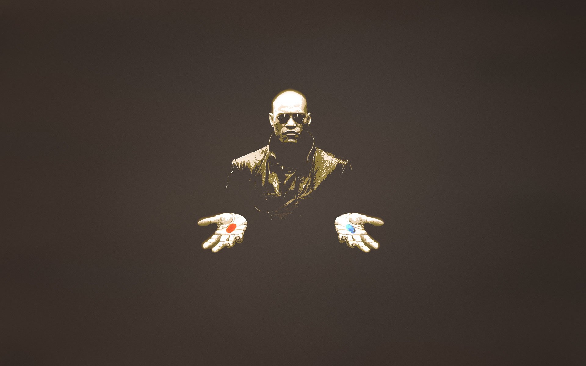 матрица морфеус очки темноватый фон таблетки красная синия руки человек минимализм лоуренс фишборн