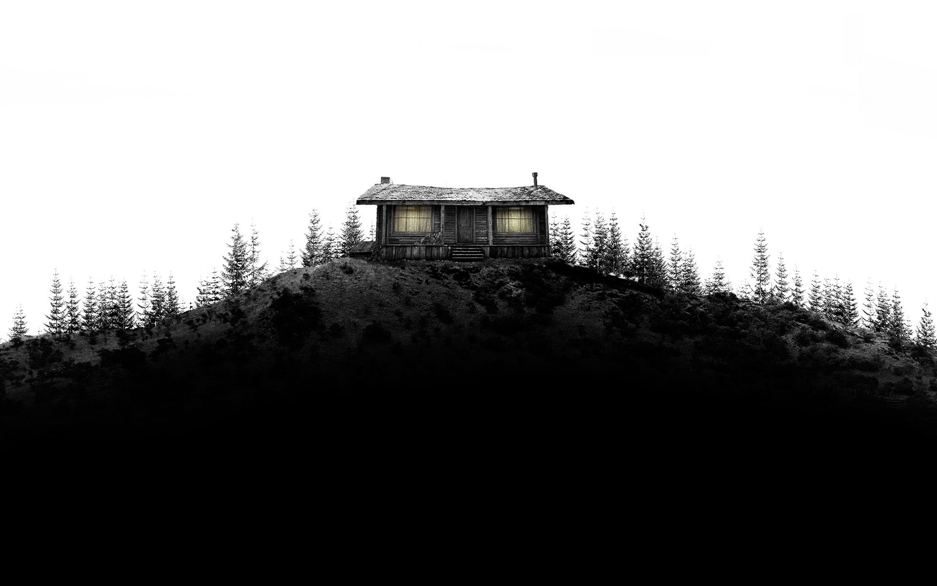 домик хижина дом лес в лесу черно-белый деревья холм