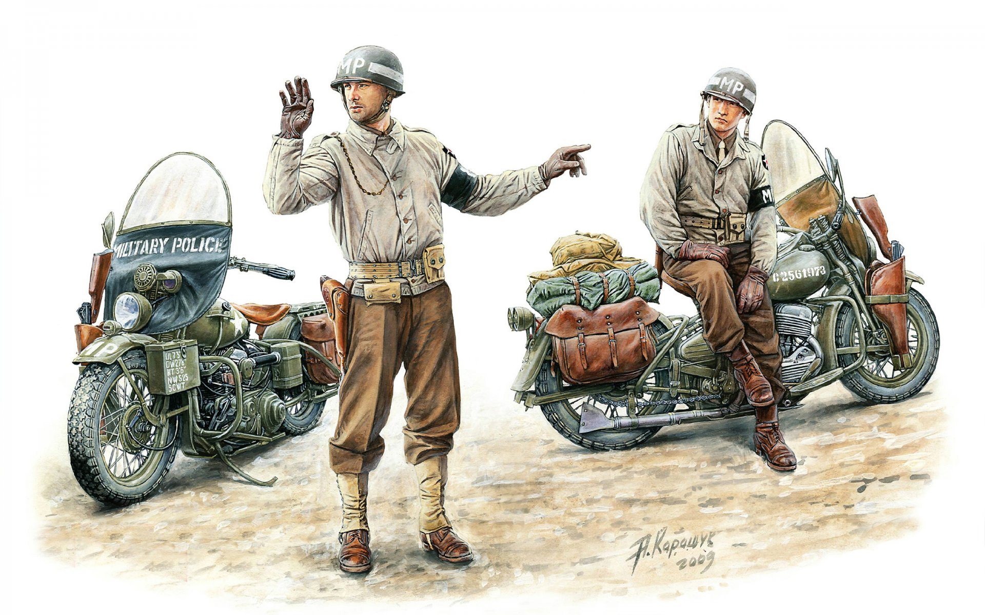 арт солдаты сша военная полиция американская военная полиция 2-ой пехотной дивизии на мотоциклах harley-davidson wla модель 1942г. сша художник а.каращук.