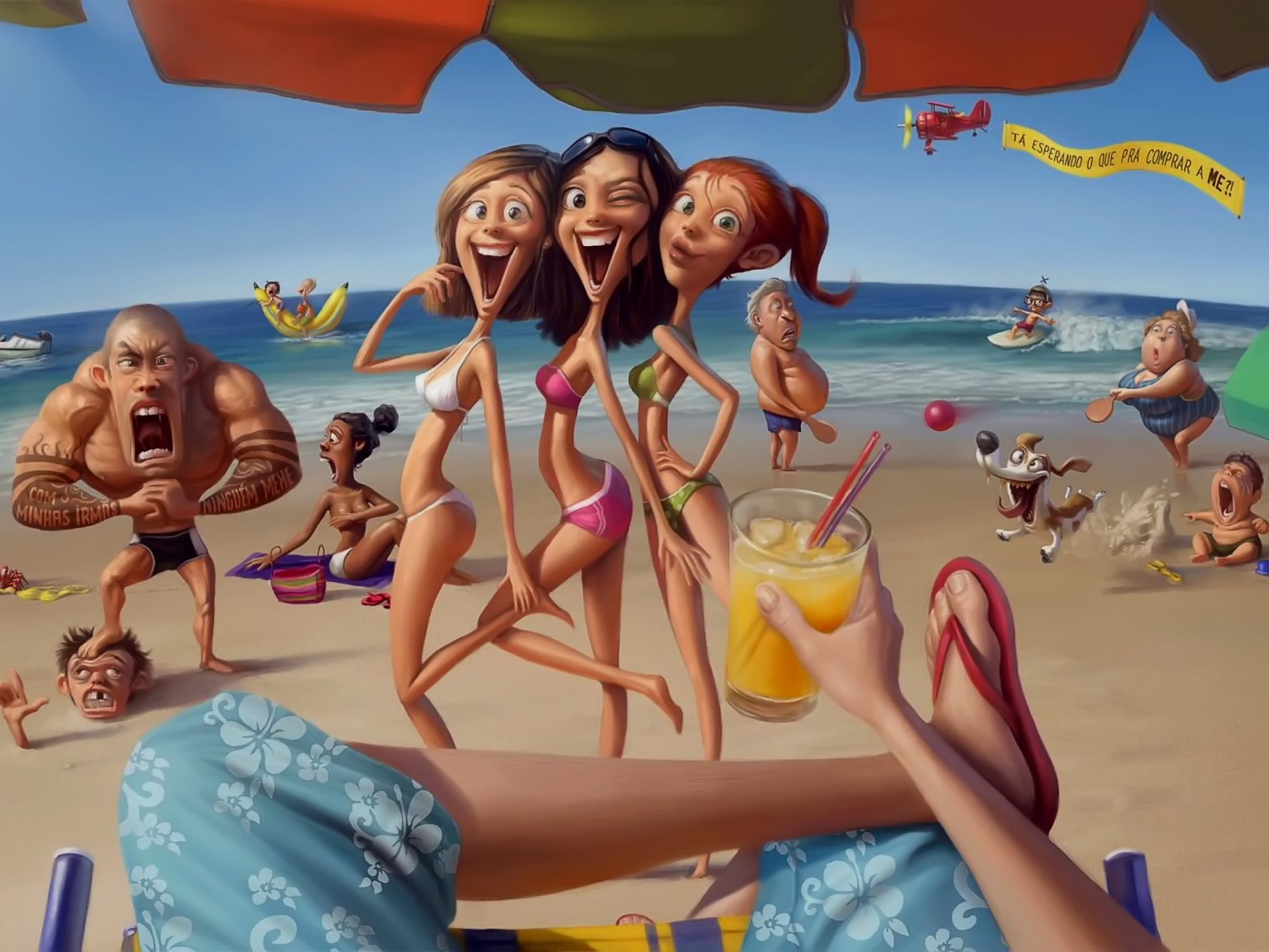рисунок юмор настроение лето море пляж отдых люди девушки парень сок качок собака