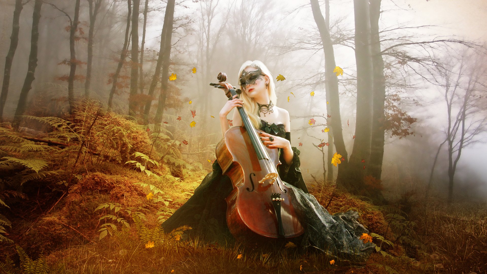 Музыкальный пейзаж. Виолончель на природе. Скрипка на природе. Женщина осень.