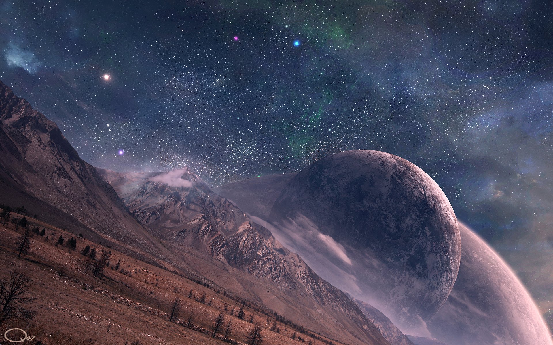 арт планеты горы поверхность вид звезды