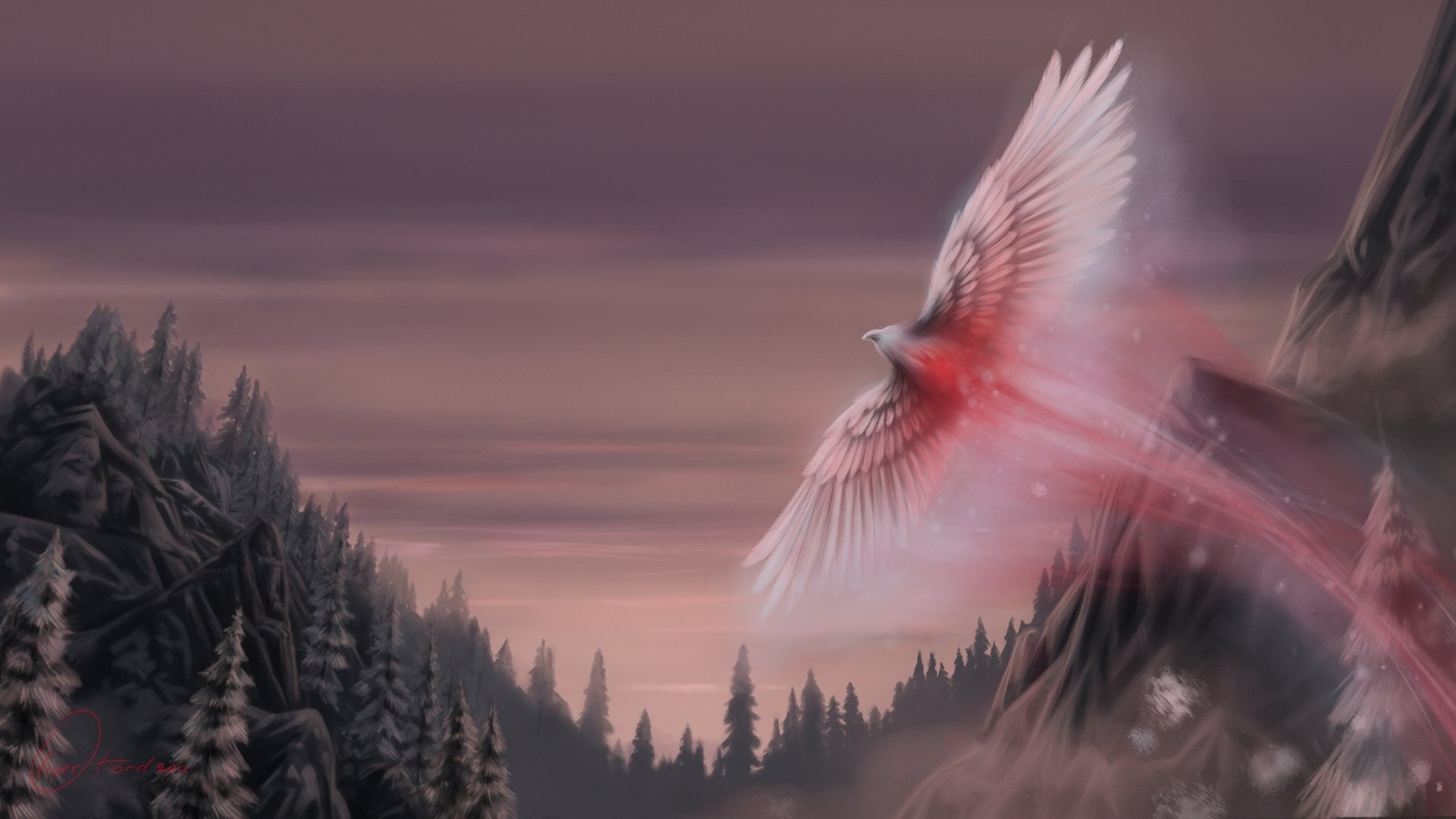 снег феникс oliverford искусство фэнтези снежный феникс птица крылья лес арт