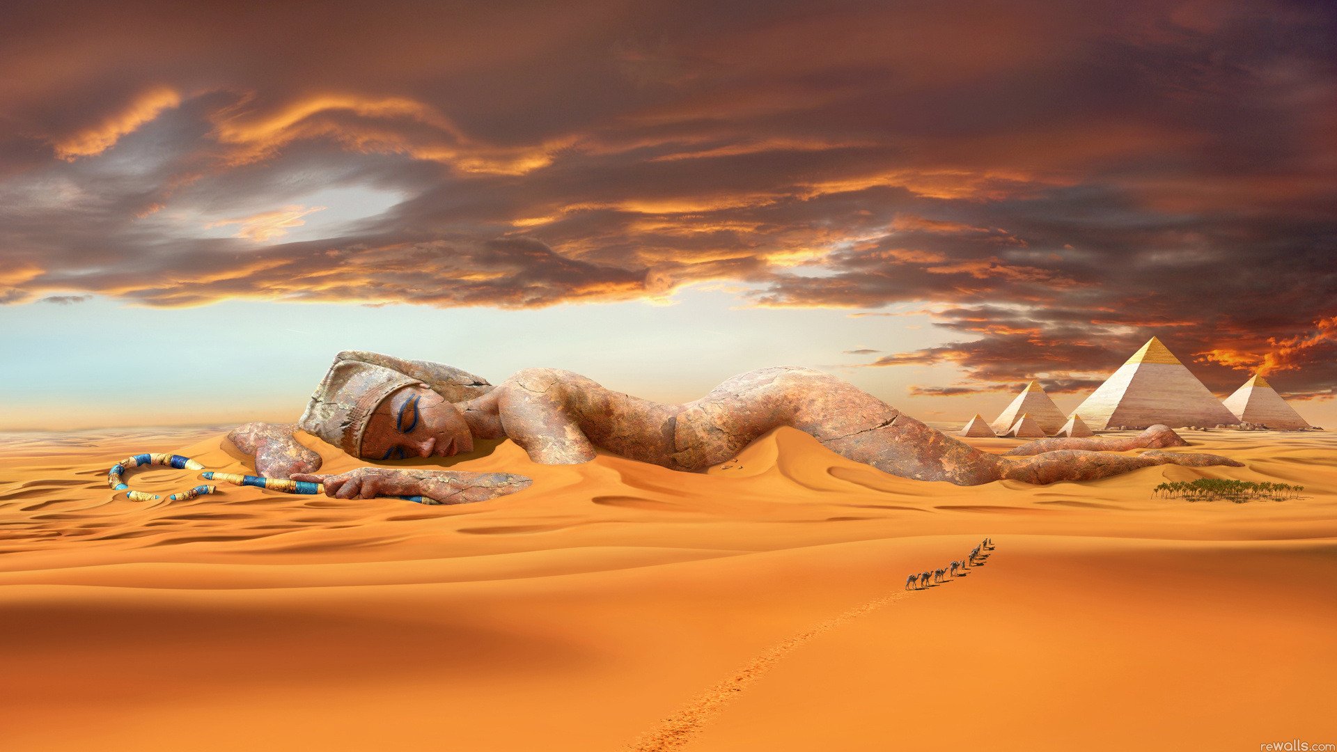 пустыня песок дюны караван верблюды пирамиды статуя