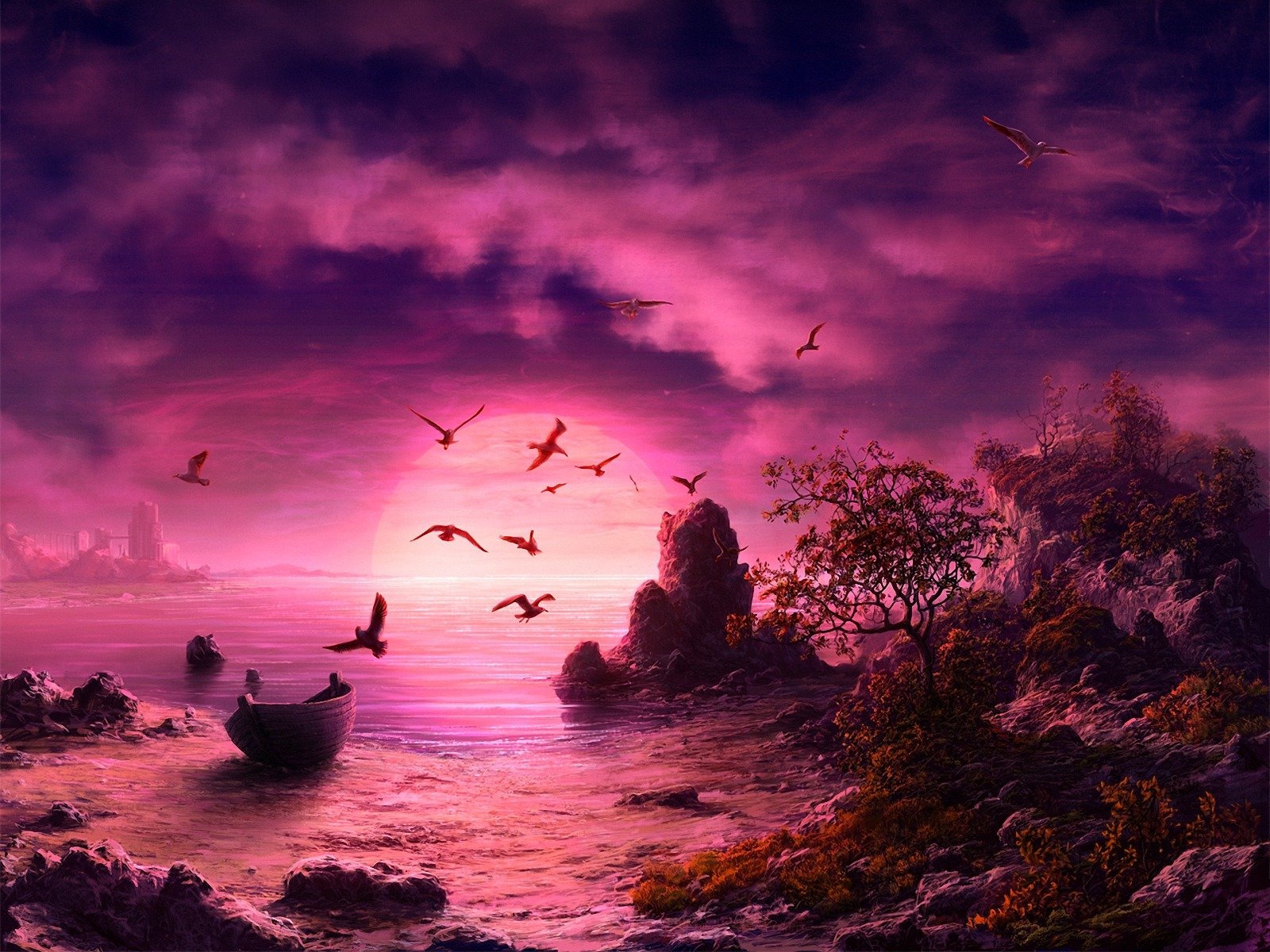 закат море небо птицы пейзаж бесплатно