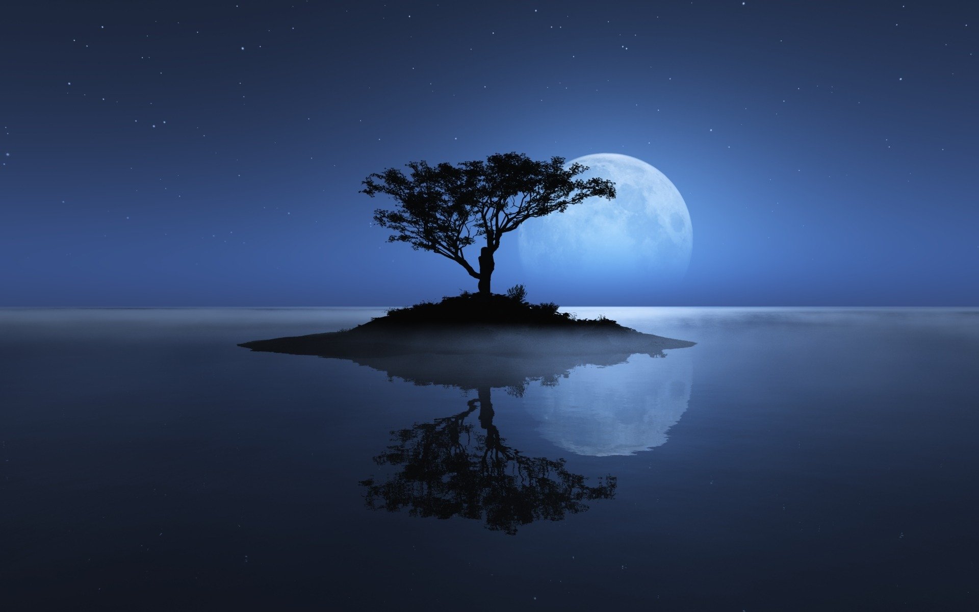 дерево море остров луна небо