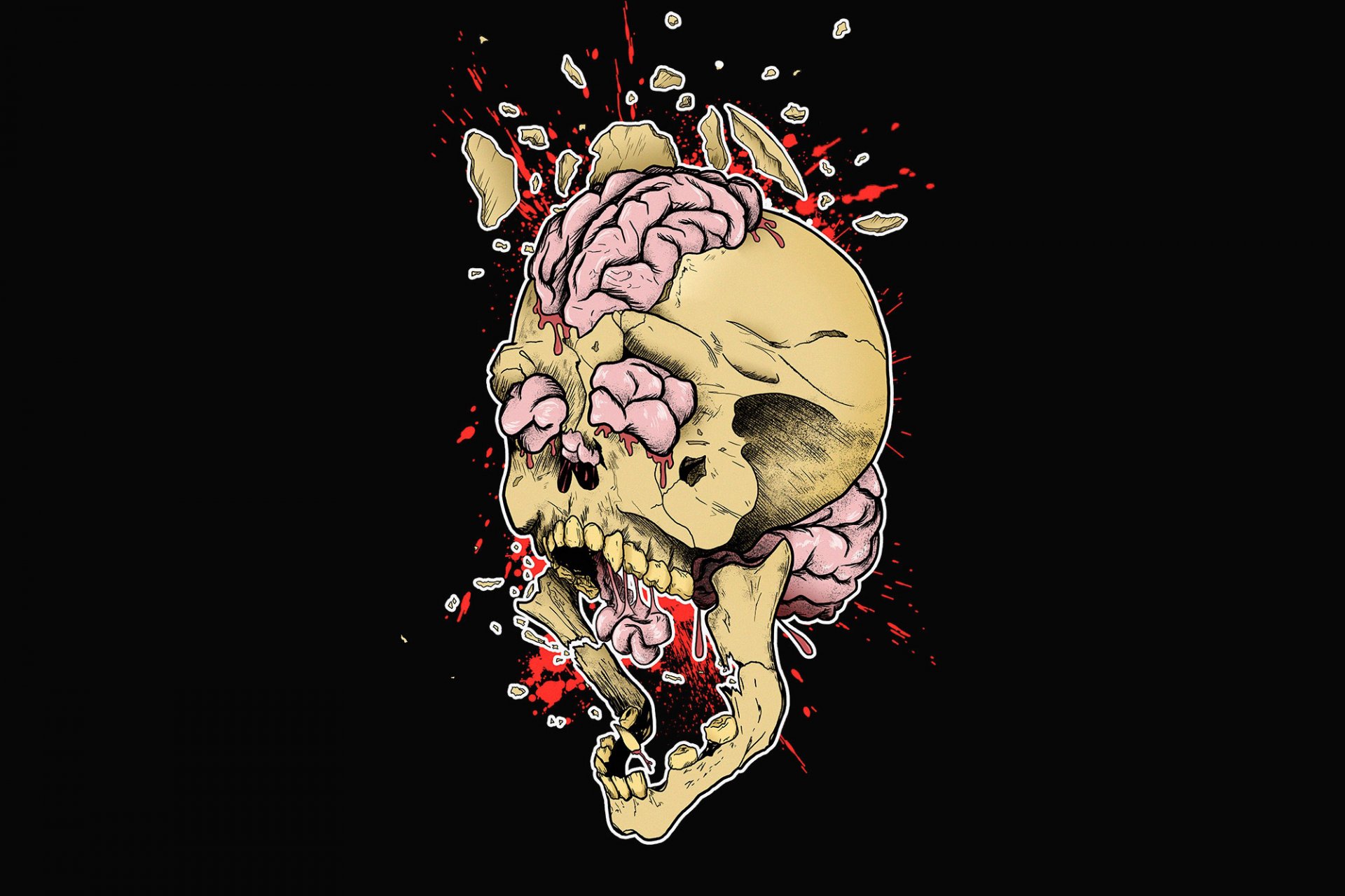 череп мозг разрыв взрыв осколки брызги печати принт рисунок арт креатив черный фон