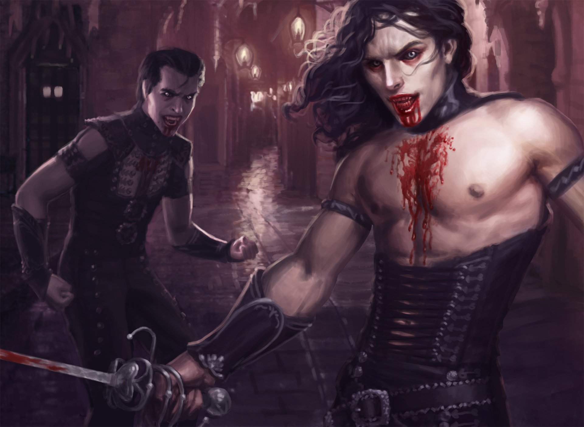 арт парни вампиры кровь оружие город переулок фонари.