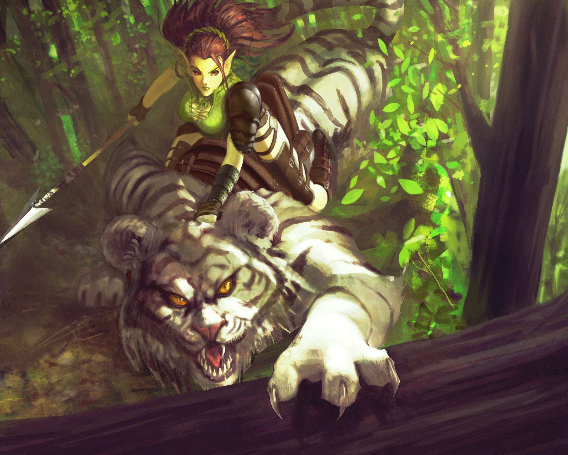 Девушка лес тигр хищник | Обои для телефона