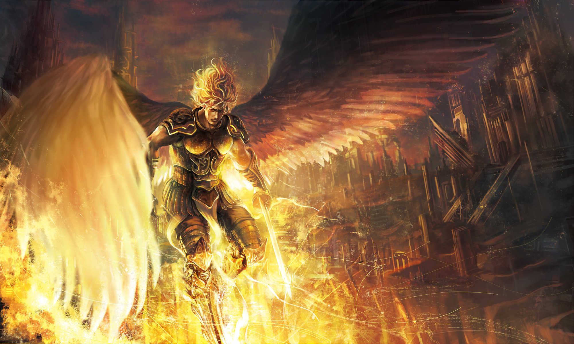 Арт ангел с огненными крыльями над городом Обои на рабочий стол.