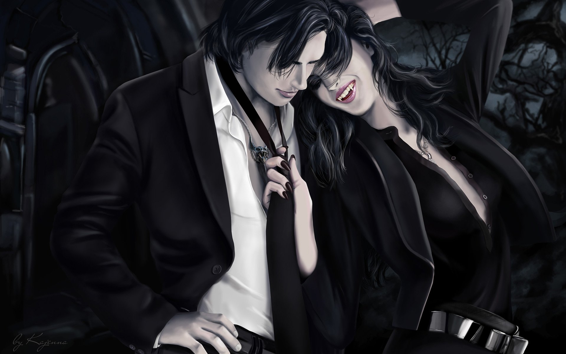 Фантастика, парень и девушка пара вампиры Обои на рабочий стол.
