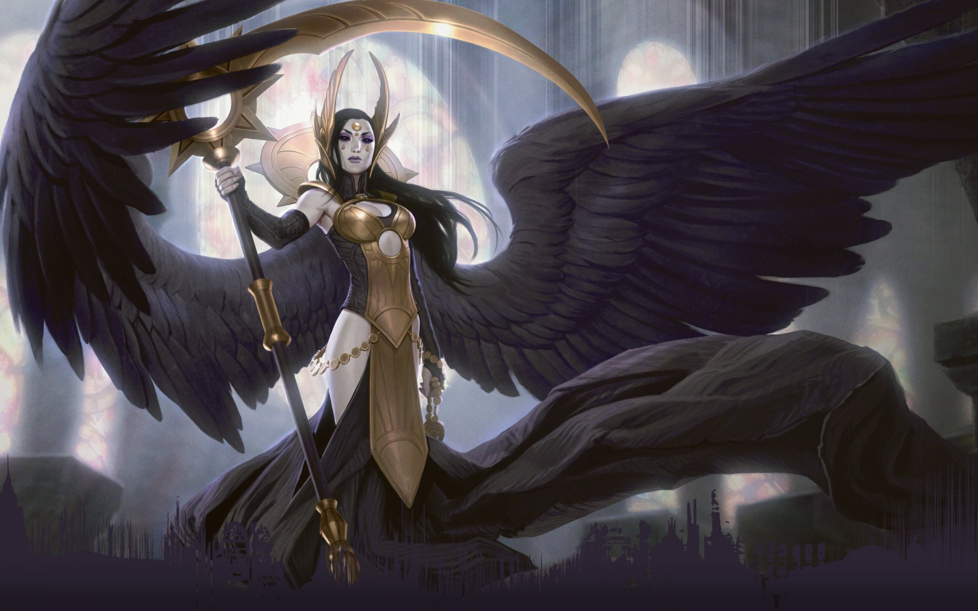 Девушка ангел с черными крыльями и ее магия Обои на рабочий стол.