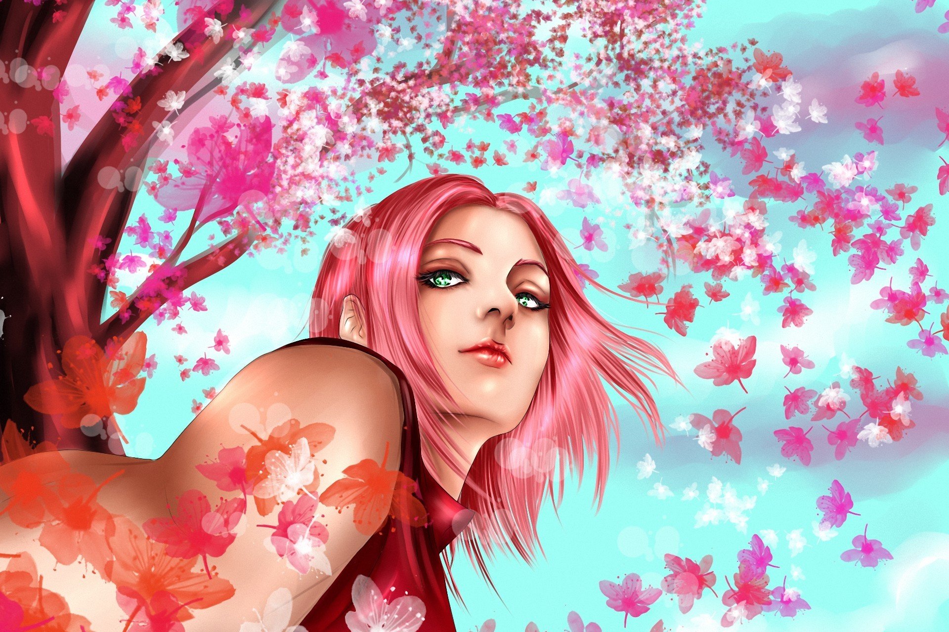 арт hisokakakashi наруто харуно сакура девушка розовые волосы дерево сакура