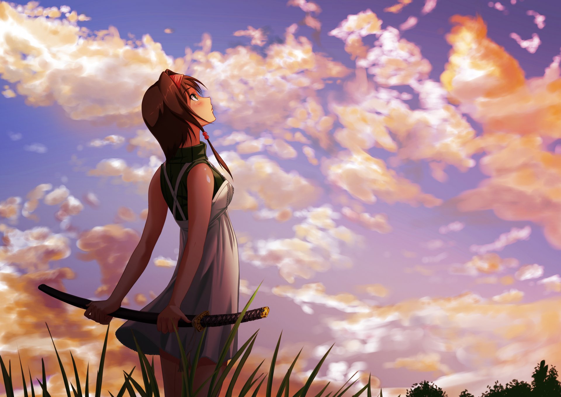 арт девушка пейзаж катана меч небо облака трава