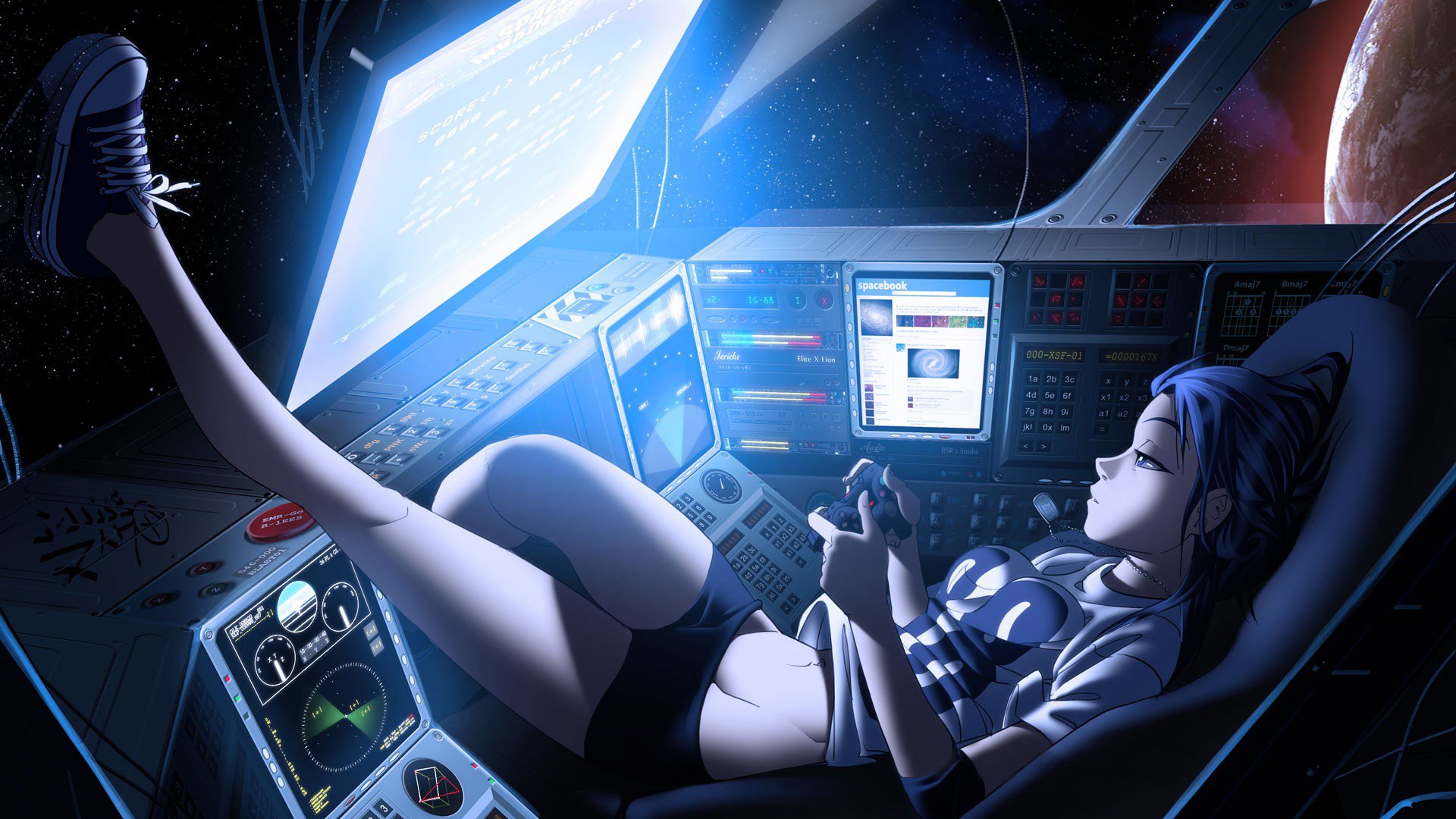 девушка взгляд настроение поза лежит спортивная форма космический корабль аппаратура приставка космос земля
