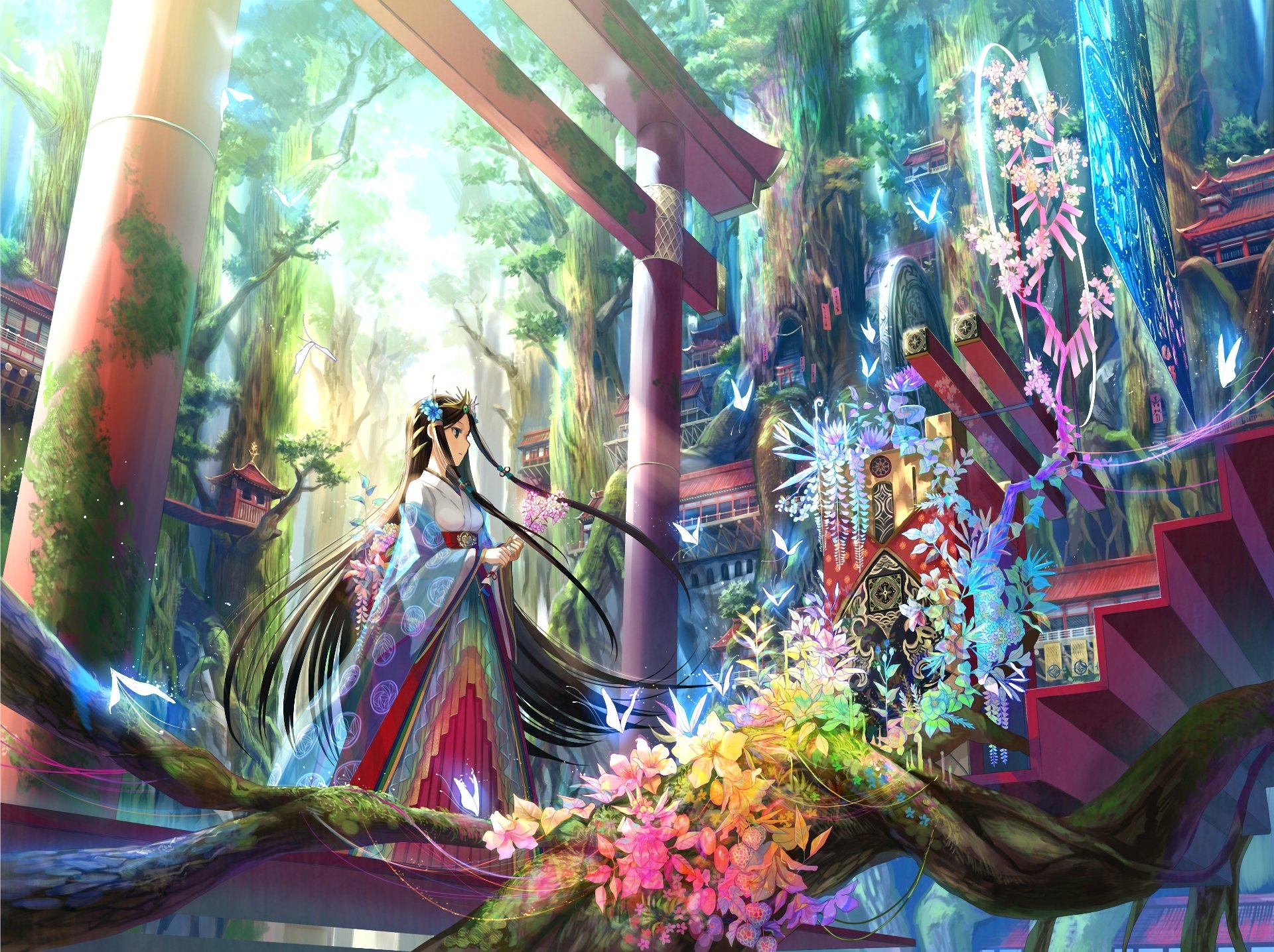арт fuji choko девочка врата цветы ступеньки национальная одежда деревья лиана