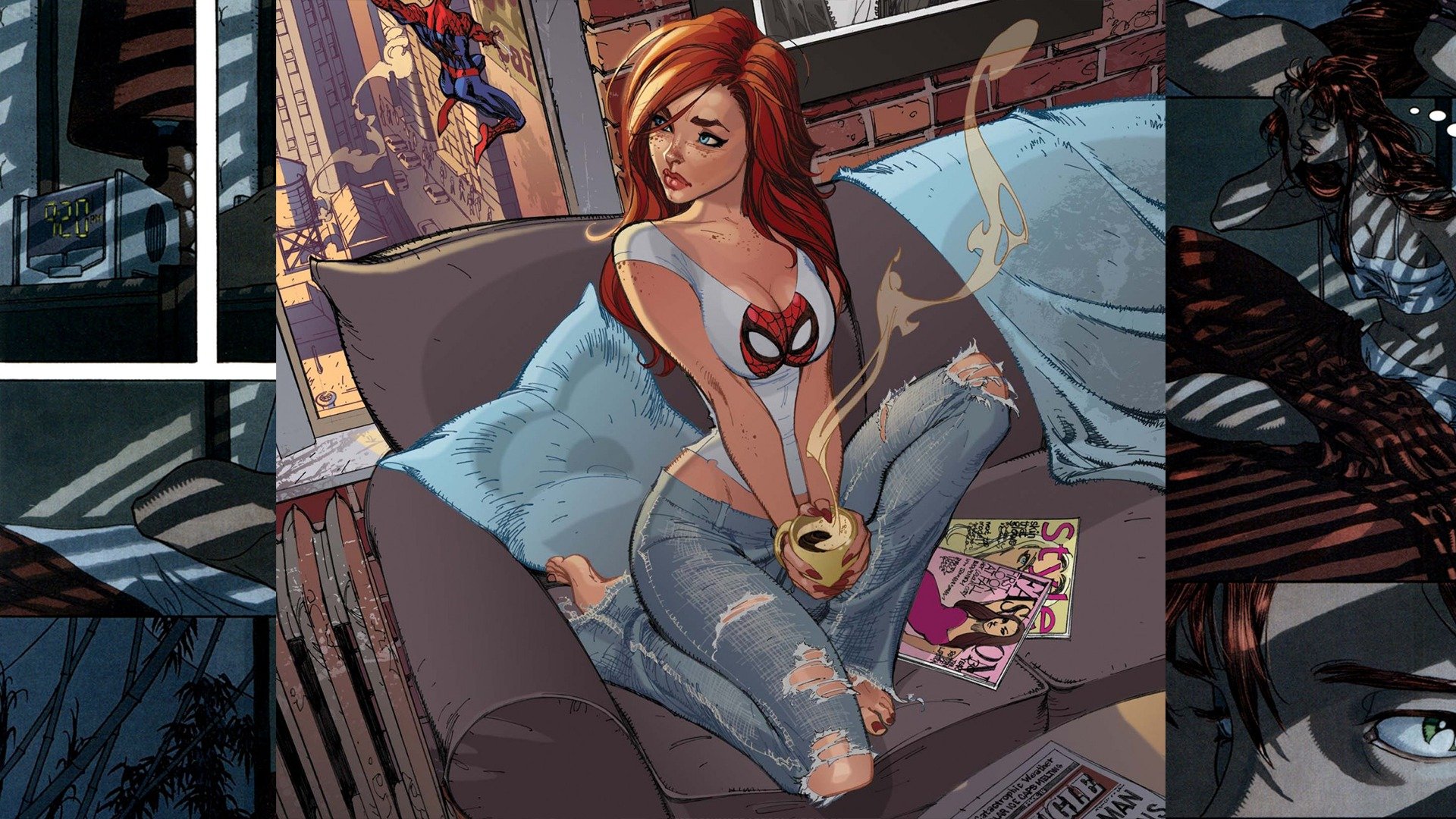мэри джейн уотсон комикс человек паук арт девушка рыжая веснушки чашка кофе журналы джинсы диван комната окно
