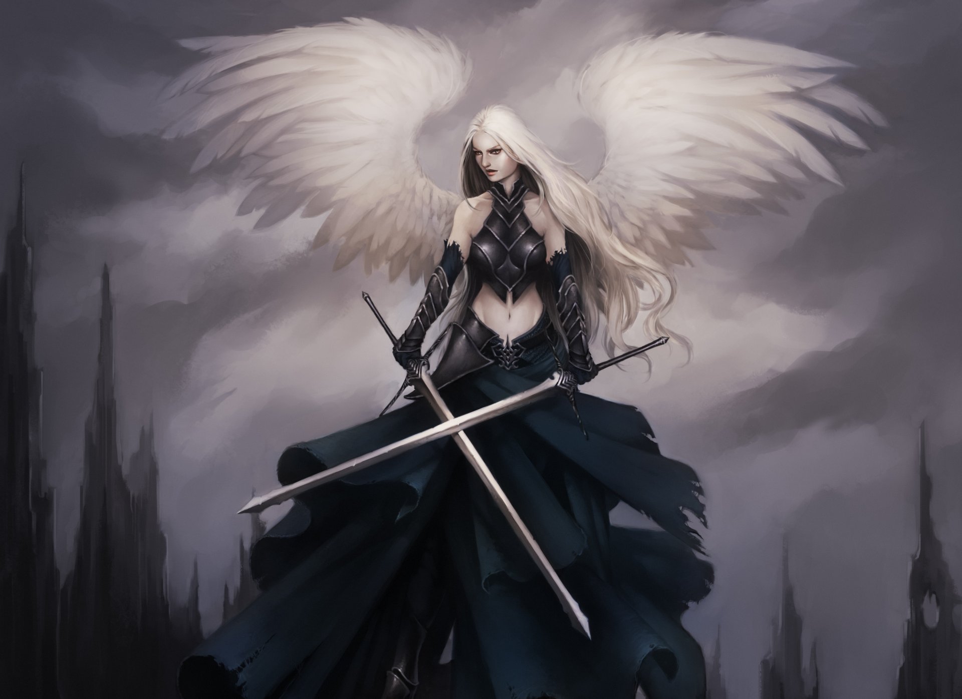Девушка-ангел в черном одеянии с двумя мечами Обои на рабочий стол.