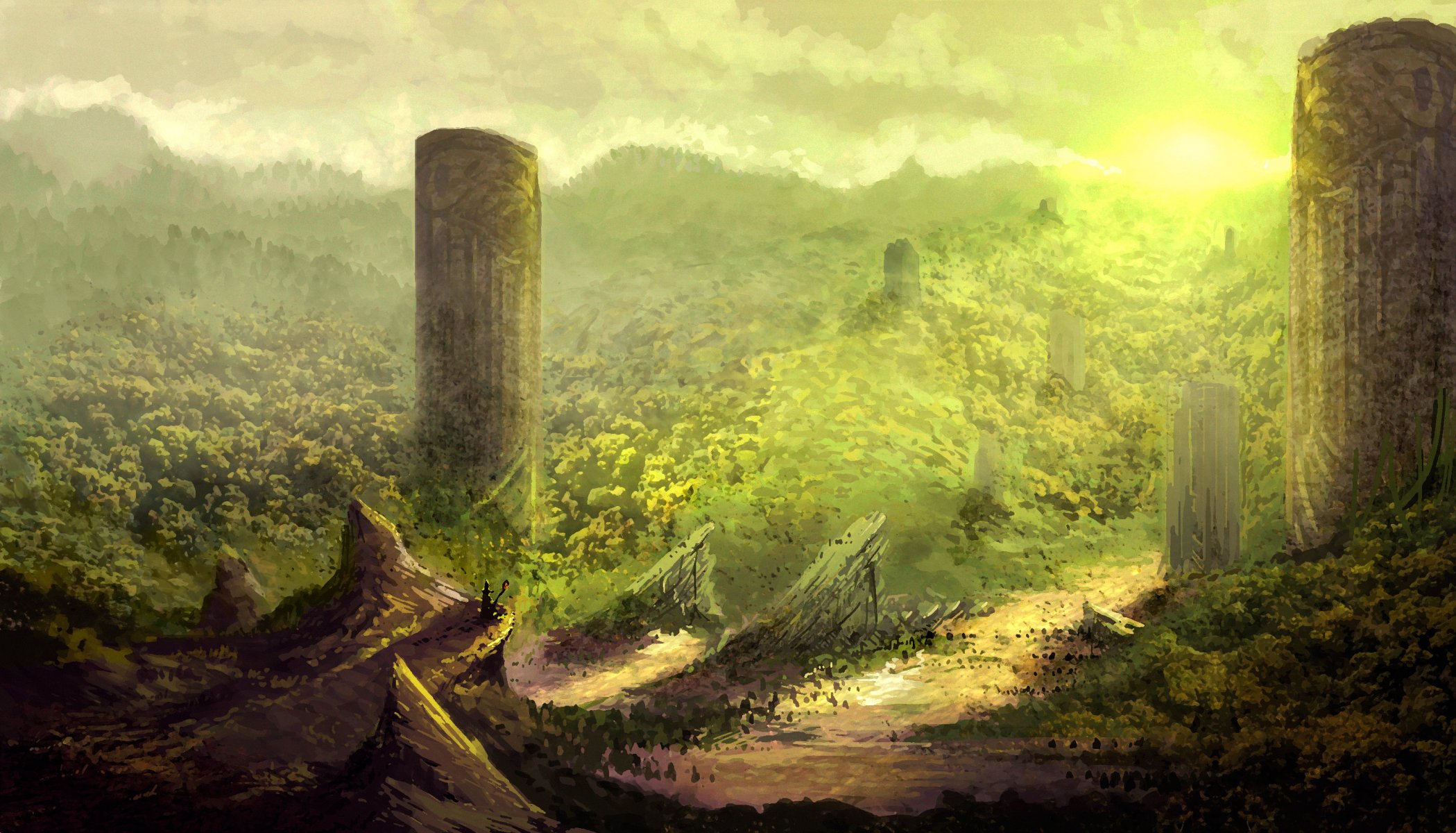 арт фантастический мир горы холмы колонны руины.