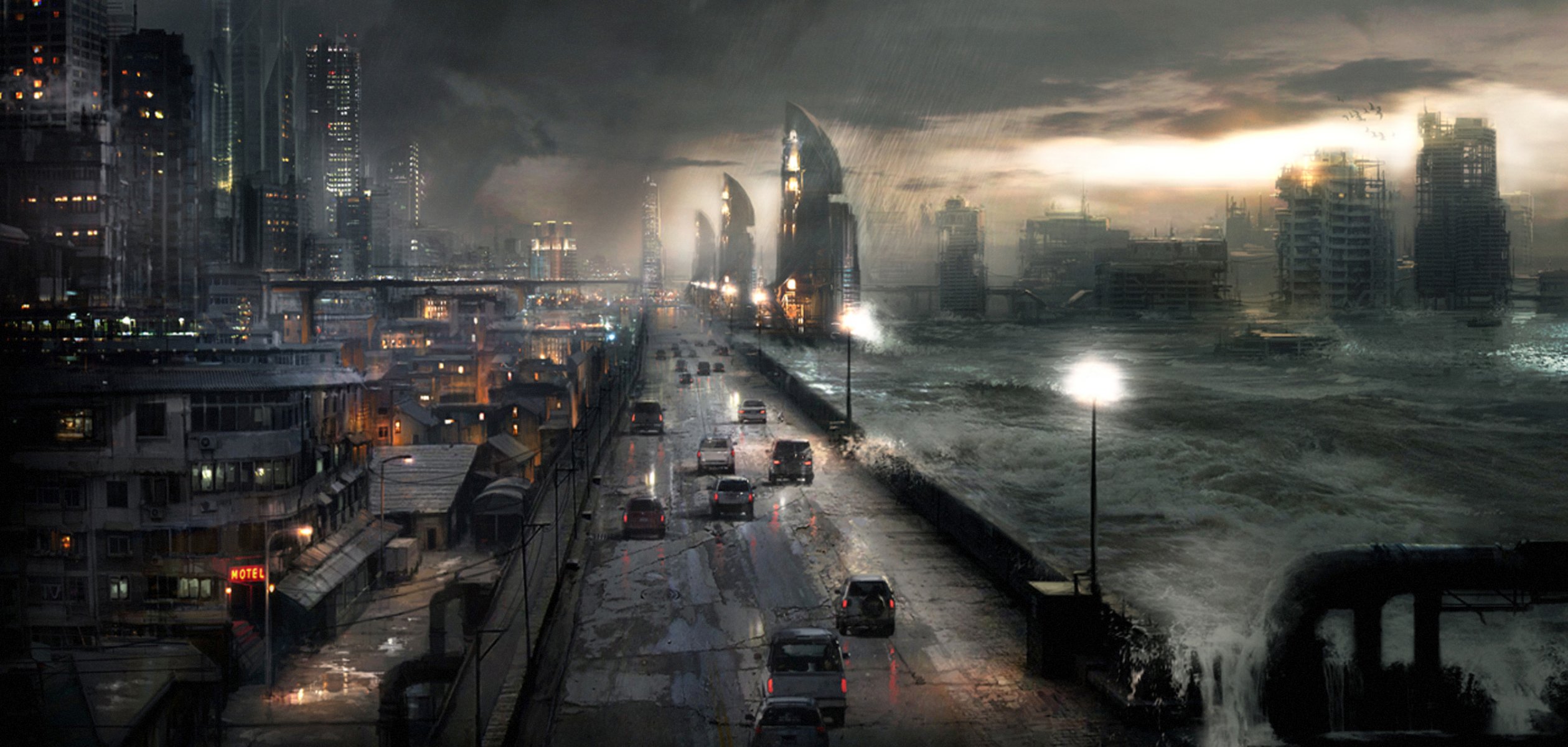 апокалипсис город буря дорога ночь машины